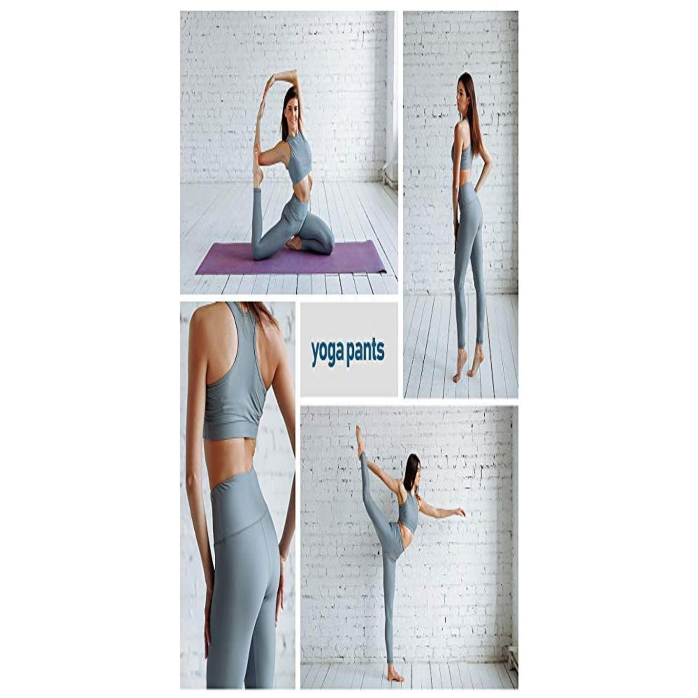 Collage van een vrouw in hoge taille legging dames die verschillende yogahoudingen demonstreert in een kamer met een witte bakstenen muur.