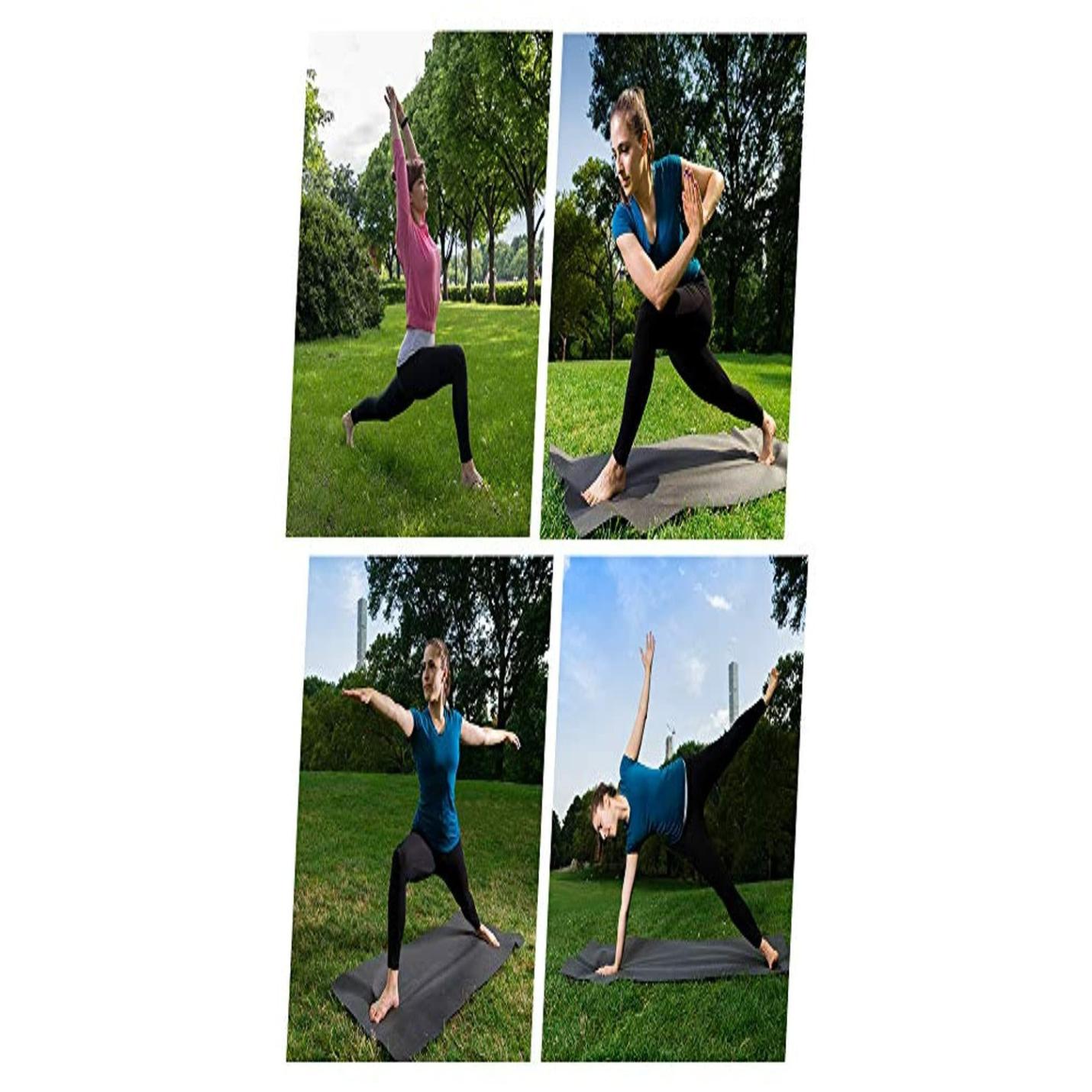 Vier afbeeldingen van een vrouw die buiten op een grasveld verschillende yogahoudingen beoefent, gekleed in een hoge taille legging dames - Comfortabele, ondoorzichtige sportlegging voor sport en fitness.