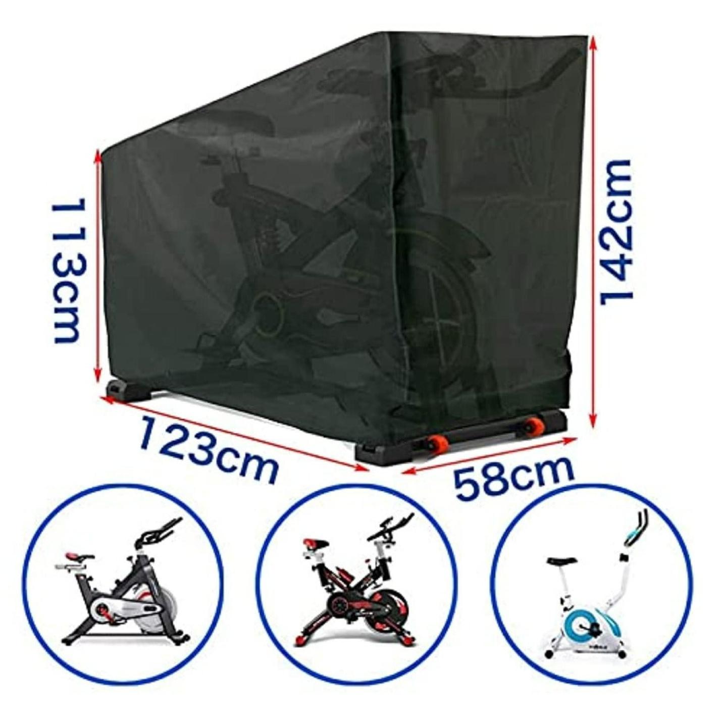 Zwarte waterdichte hoes voor hometrainer met afgebeelde afmetingen, wat de compatibiliteit aantoont met verschillende soorten indoor fitnessapparaten, waaronder hometrainers.