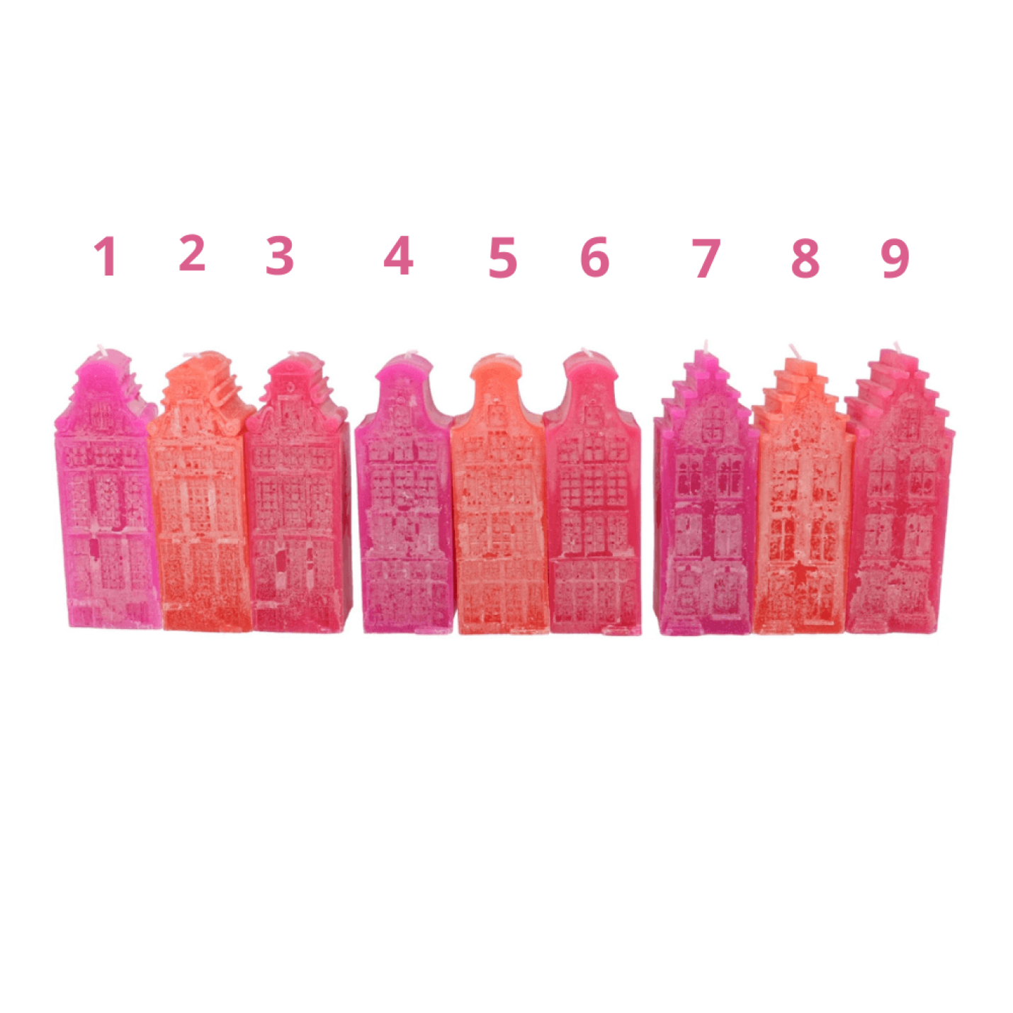 Kaarsen Amsterdamse Grachtenpand Fuchsia/oranje – 9 Unieke Ontwerpen in 2 Hoogtes - Huisje 1 hoog 12cm
