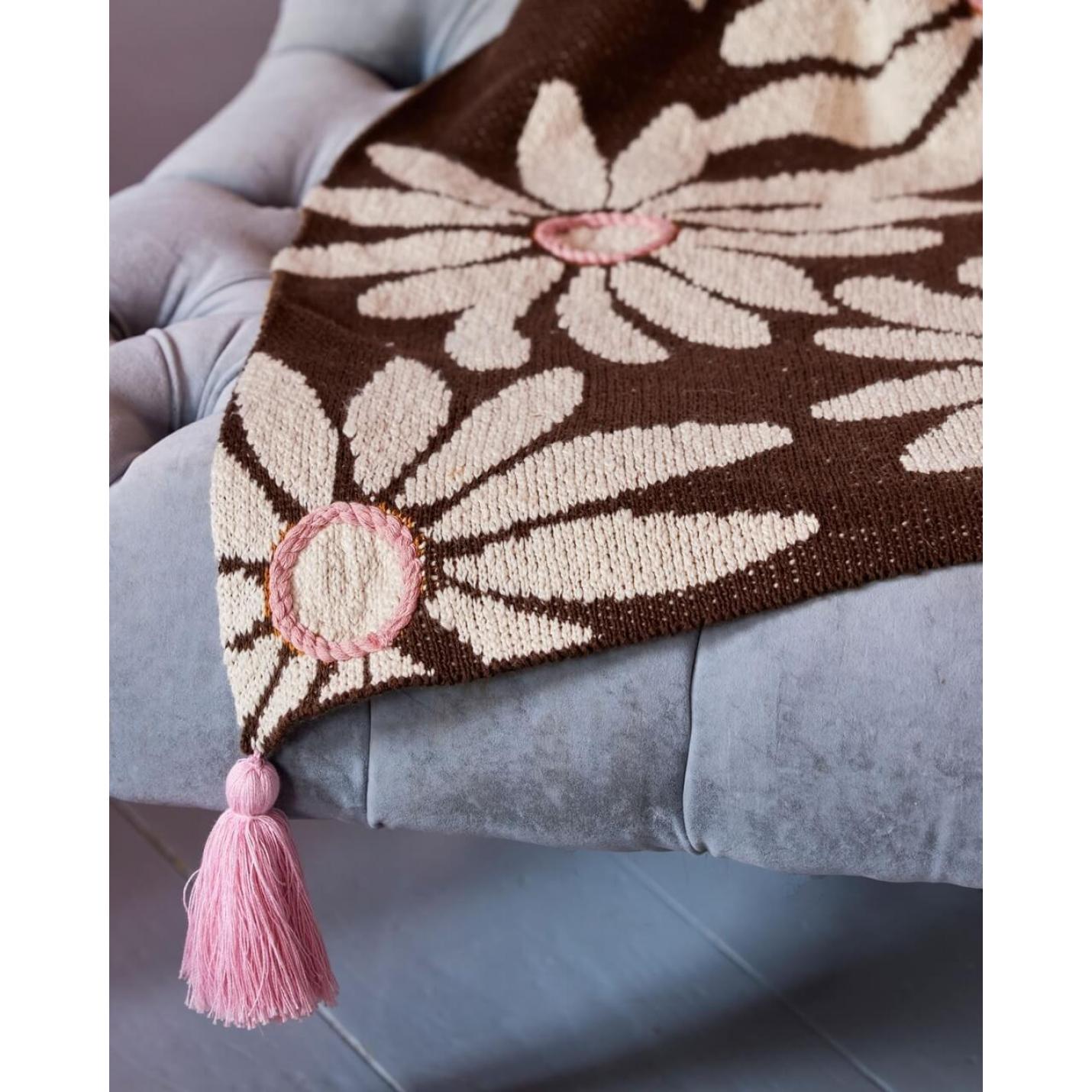 Zachte Katoenen Deken met Bloemenprint en Kwastjes – Bruin en Roze; Afbeelding: 2
