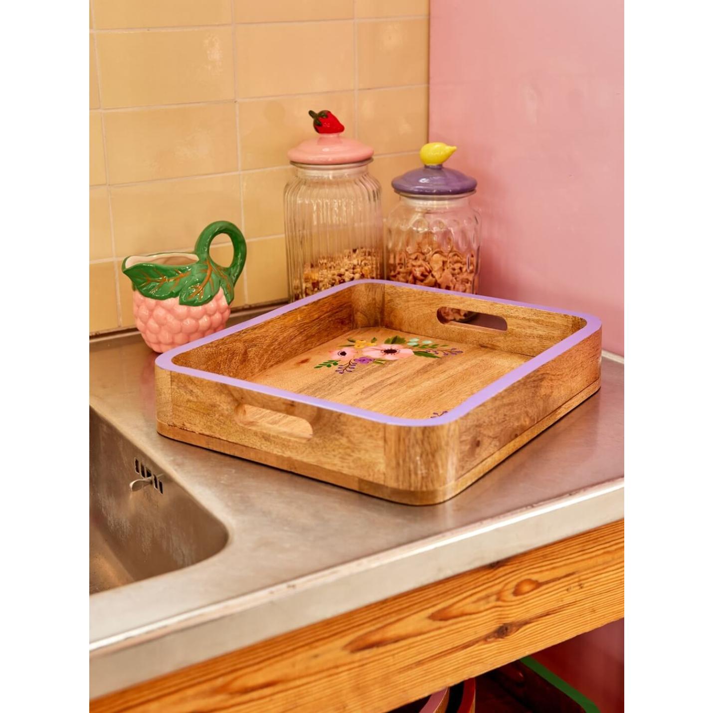 Houten dienblad met handgeschilderde bloemen 34 x 30 - Rice; Afbeelding: 2