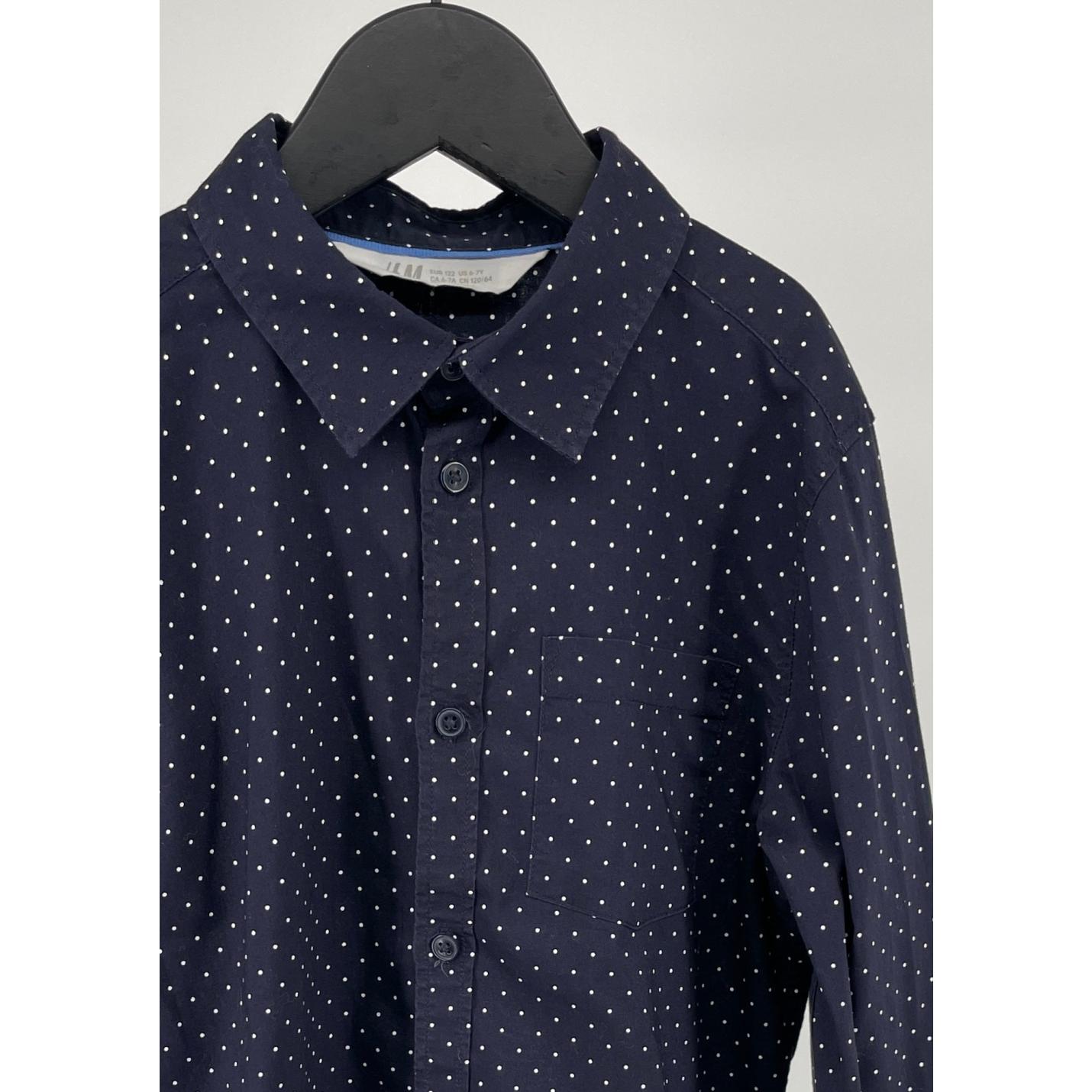 Overhemd Donkerblauw Witte Stippen - 110 - Zo goed als nieuw; Afbeelding: 4