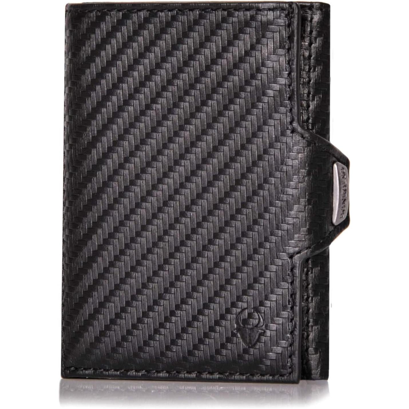 Donbolso® Portemonnee NextGen Leer, slanke portemonnee met muntvak en RFID-bescherming. Tot 11 kaarten. Mini formaat voor mannen en vrouwen. Koolstof