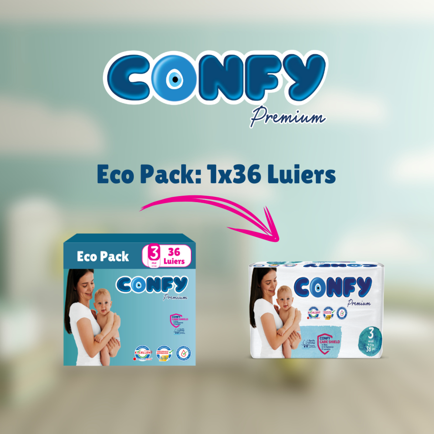 Confy Premium verpakkingsfoto met groene achtergrond, toont de inhoud van een verzendoos met luiers voor verzending.