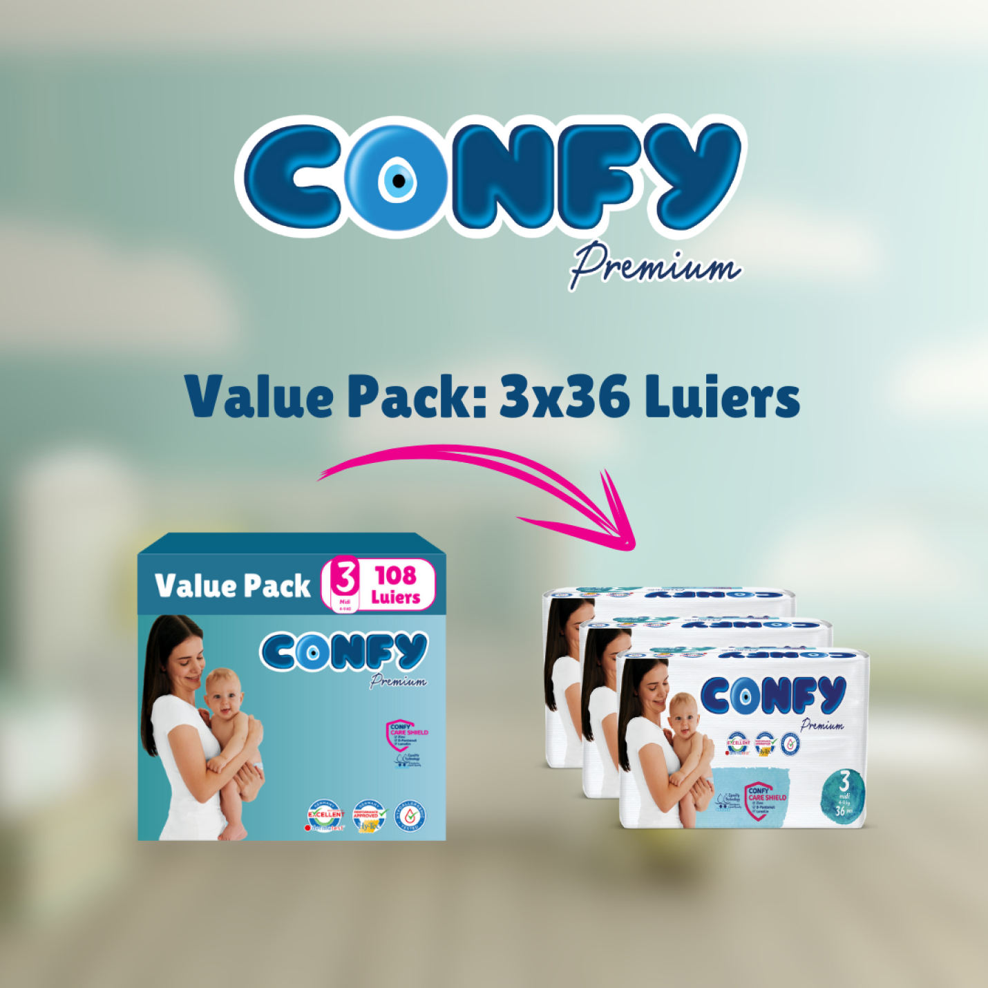 Confy Premium verpakkingsfoto met groene achtergrond, toont de inhoud van een verzendoos met luiers voor verzending.