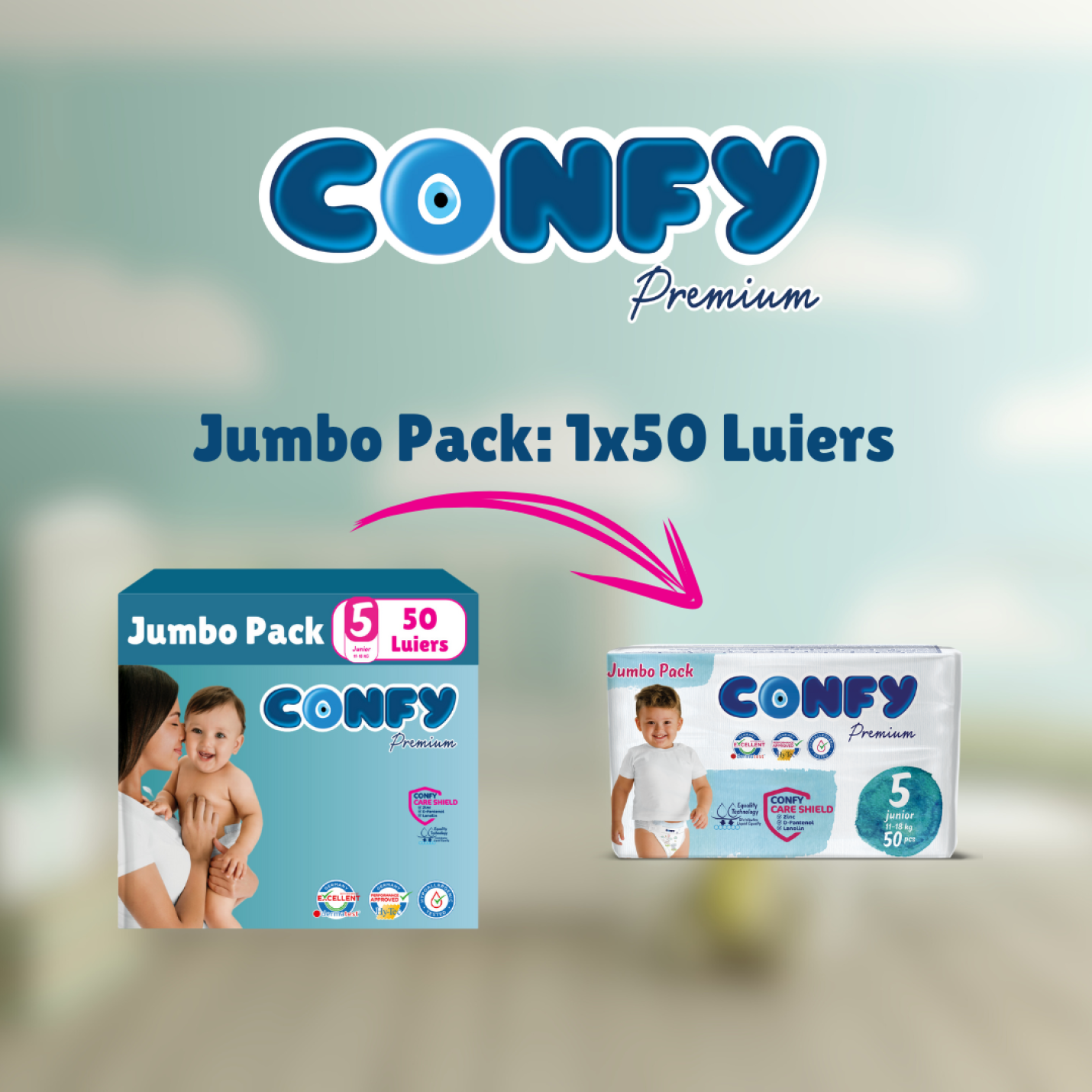 Confy Premium verpakkingsfoto met groene achtergrond, toont de inhoud van een verzendoos met luiers voor verzending.
