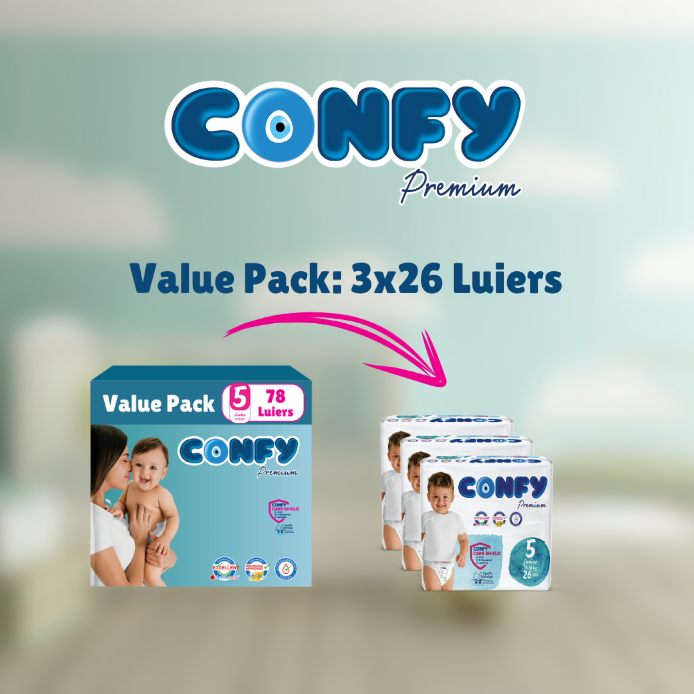 Confy Premium verpakkingsfoto met groene achtergrond, toont de inhoud van een verzendoos met luiers voor verzending.
