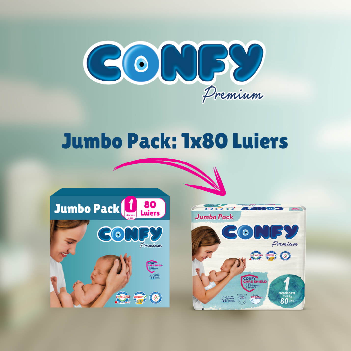Confy Premium verpakkingsfoto met groene achtergrond, toont de inhoud van een verzendoos met luiers voor verzending.