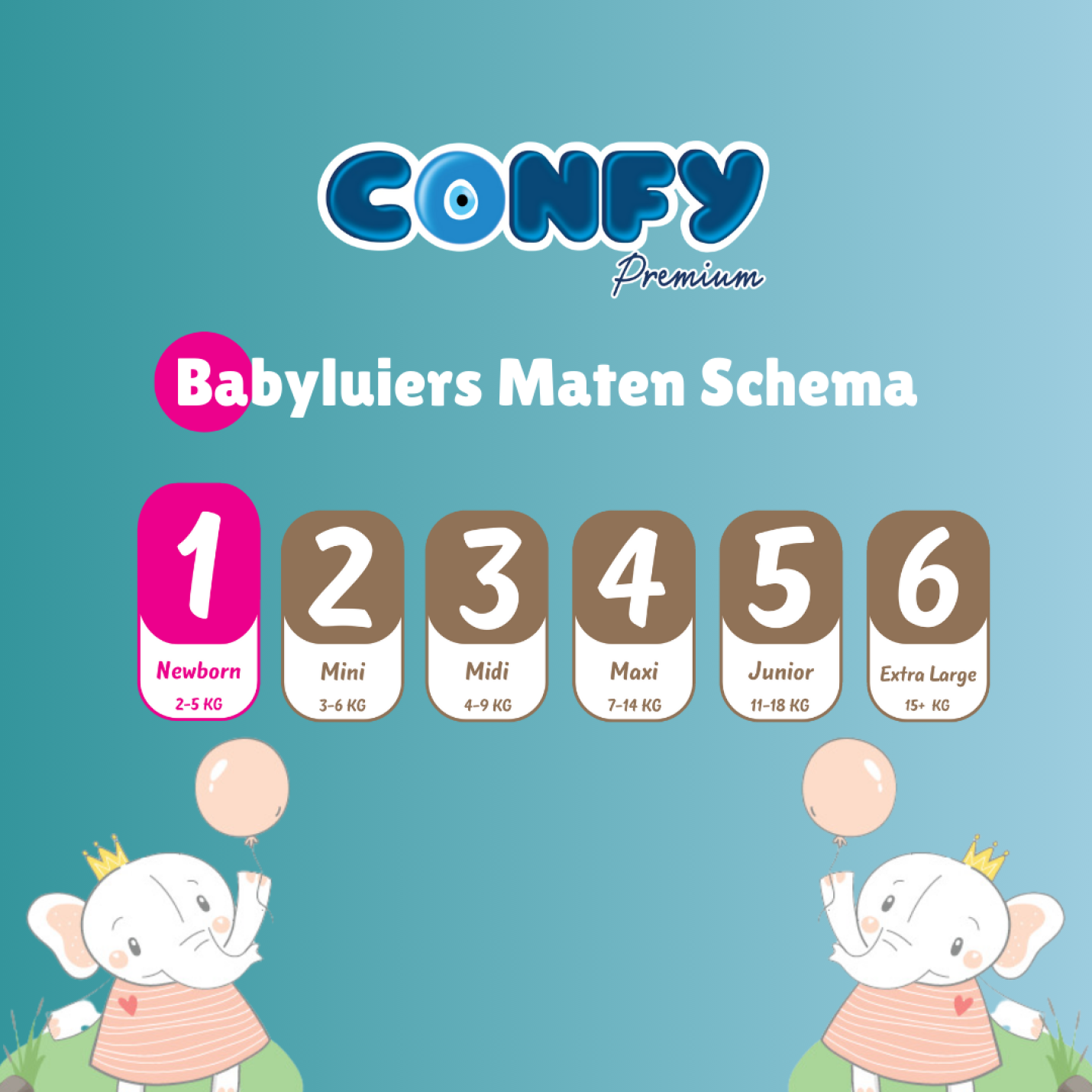 Confy Premium maattabel met groene achtergrond, toont maten 1 tot 6 met bijbehorende gewichtsindicaties in kilogram voor perfecte pasvorm.