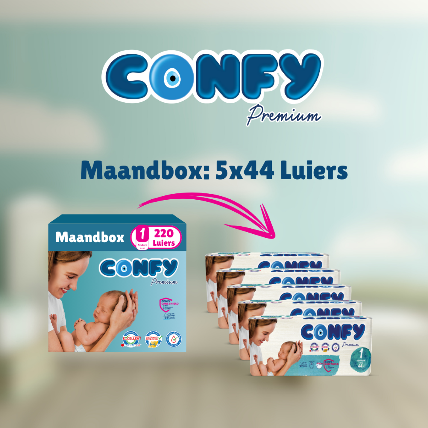 Confy Premium verpakkingsfoto met groene achtergrond, toont de inhoud van een verzendoos met luiers voor verzending.