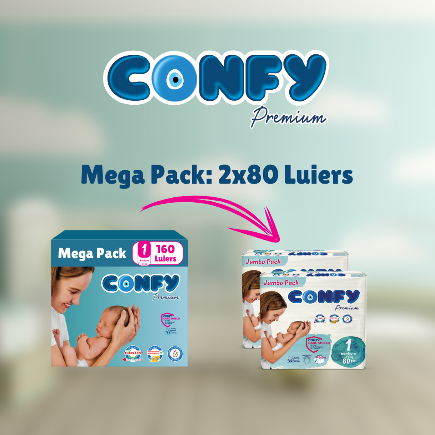 Confy Premium verpakkingsfoto met groene achtergrond, toont de inhoud van een verzendoos met luiers voor verzending.