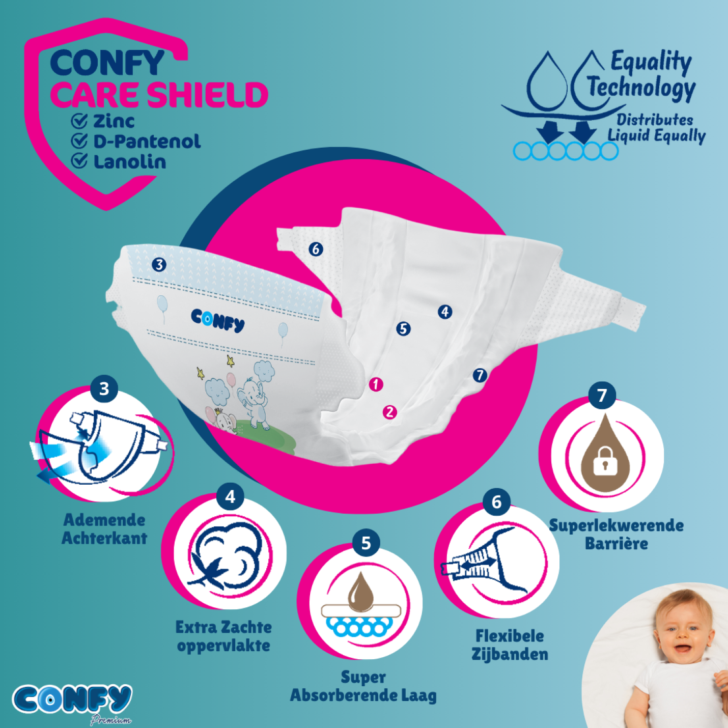 Confy Premium productfoto met groene achtergrond, toont producteigenschappen zoals superabsorptie, huidvriendelijkheid en flexibiliteit.