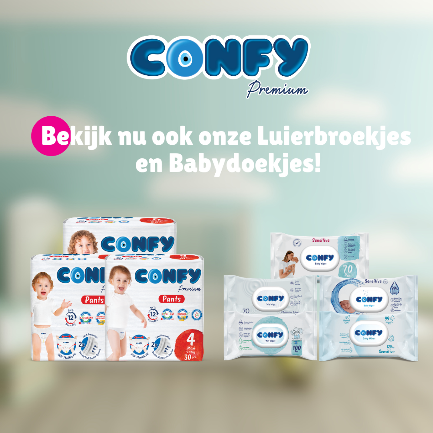 Confy Premium luierbroekjes en wet wipes samen afgebeeld op een groene achtergrond, perfect voor comfort, gemak en dagelijkse babyverzorging.