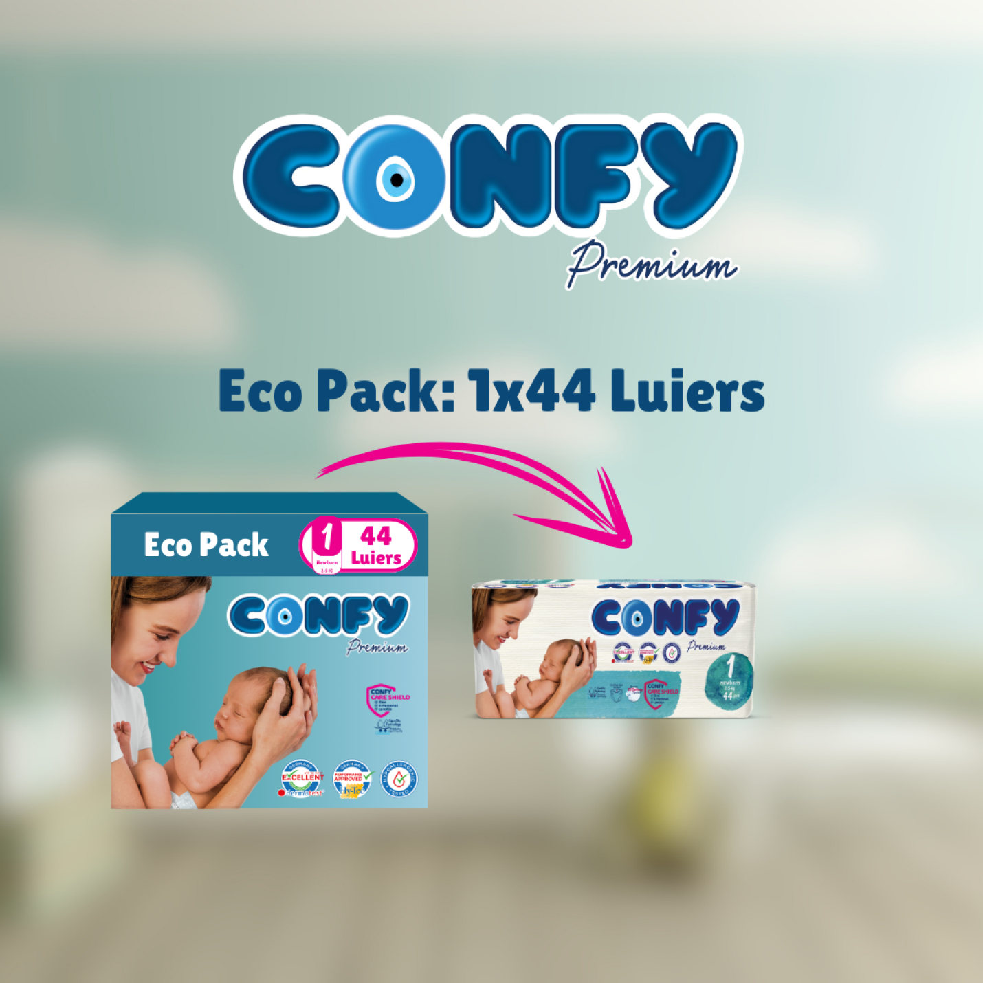 Confy Premium verpakkingsfoto met groene achtergrond, toont de inhoud van een verzendoos met luiers voor verzending.