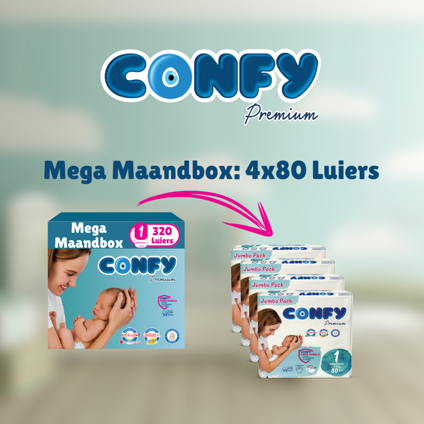 Confy Premium verpakkingsfoto met groene achtergrond, toont de inhoud van een verzendoos met luiers voor verzending.