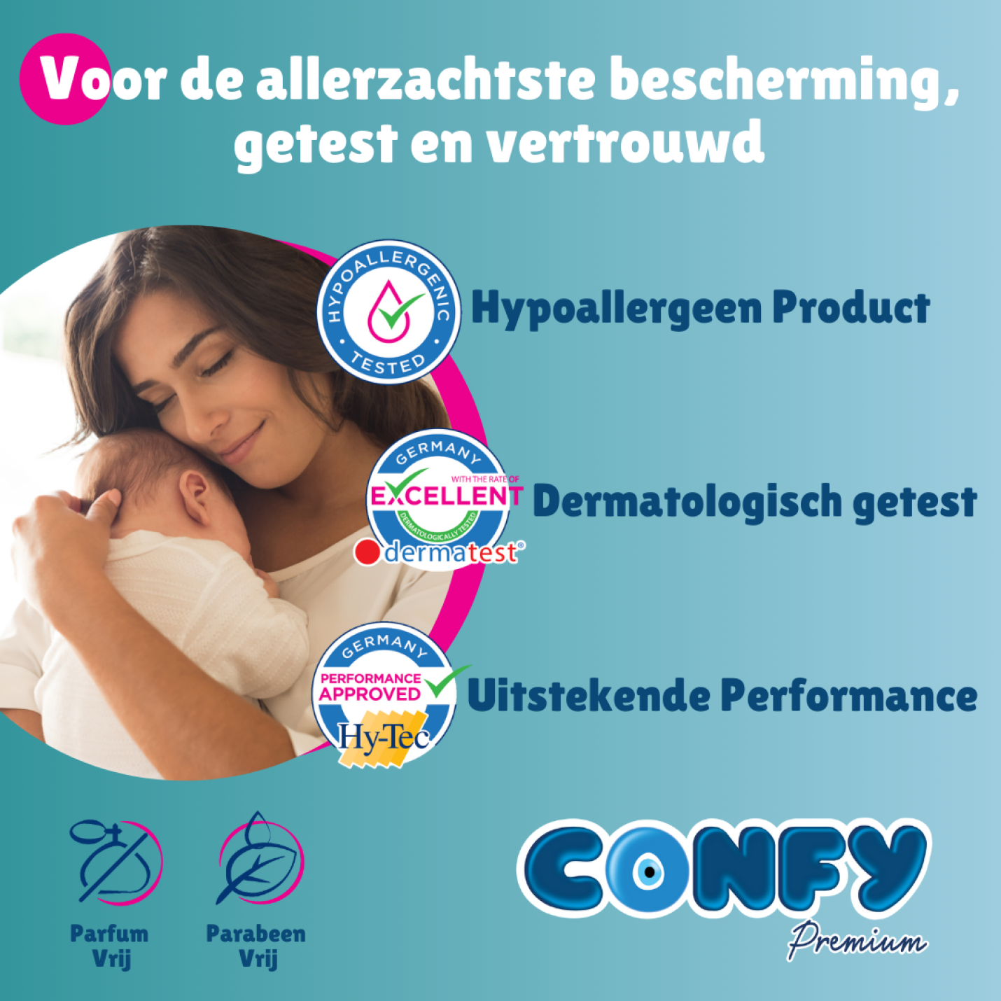 Confy Premium keurmerkenfoto met groene achtergrond, toont certificeringen zoals Dermatest en hypoallergeen voor veiligheid en kwaliteit.