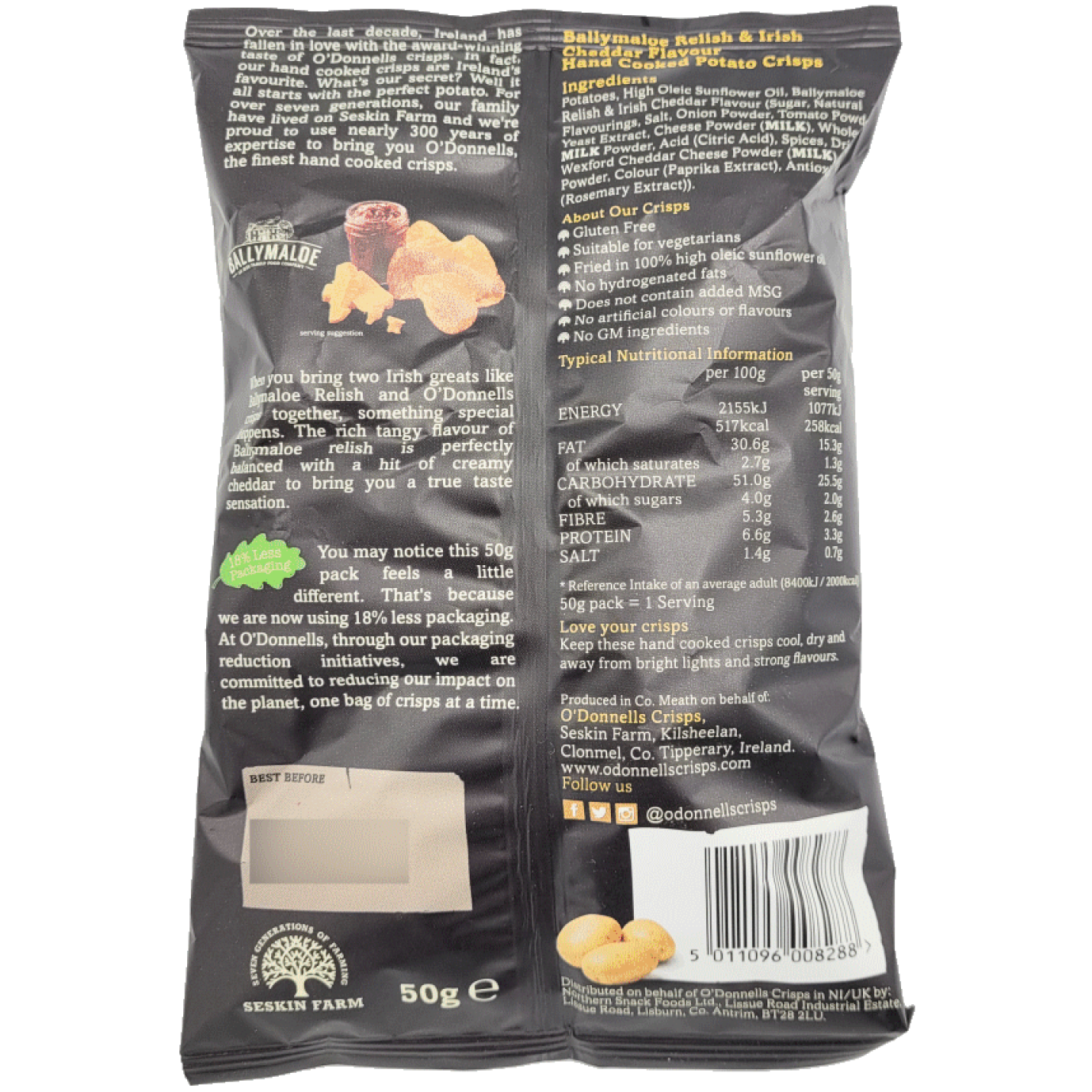 O'Donnells Ballymaloe and Cheddar Crisps, 50g ingredients