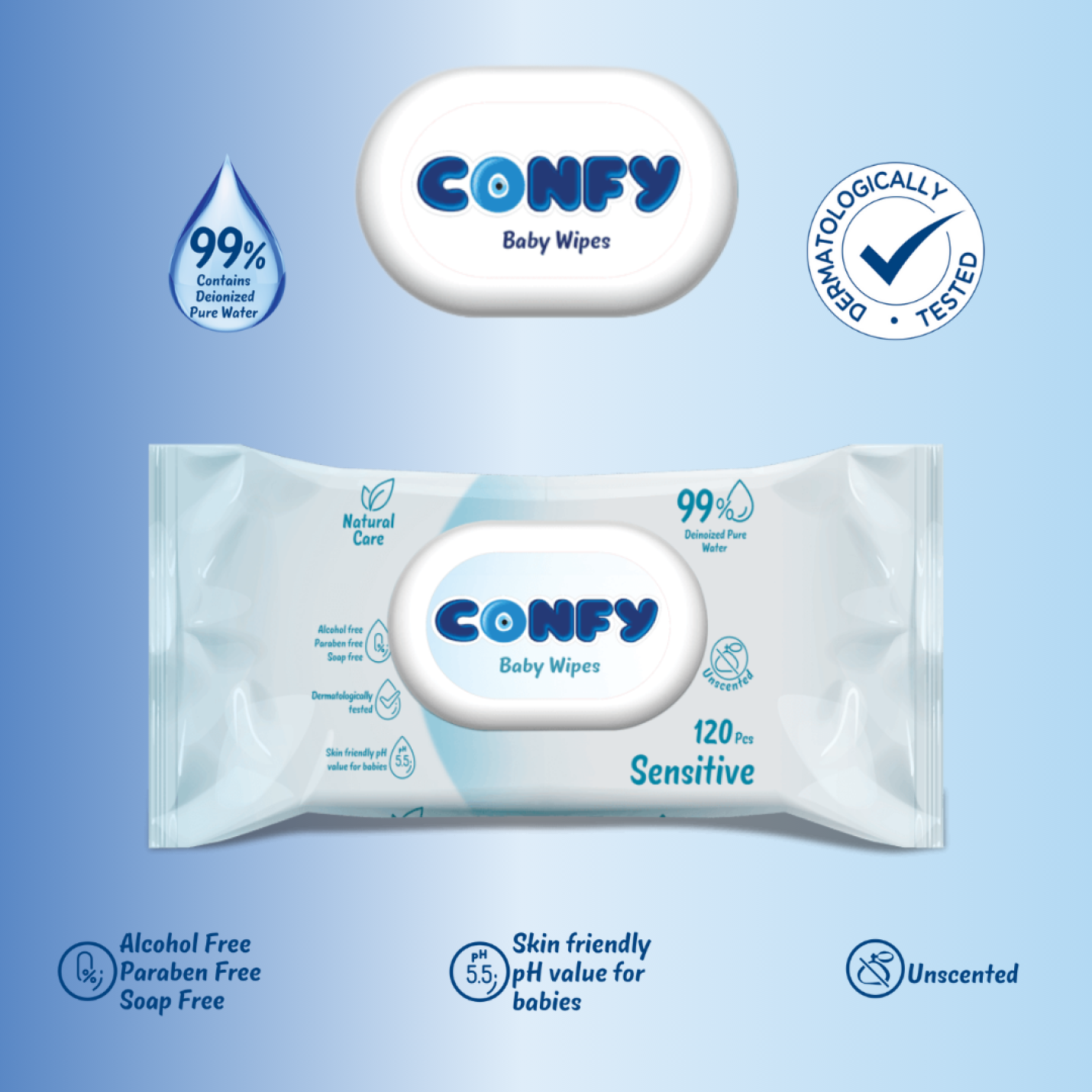 Confy Sensitive Babydoekjes met unieke voordelen: hypoallergeen, pH 5.5 en extra zachte textuur voor een gezonde huid.