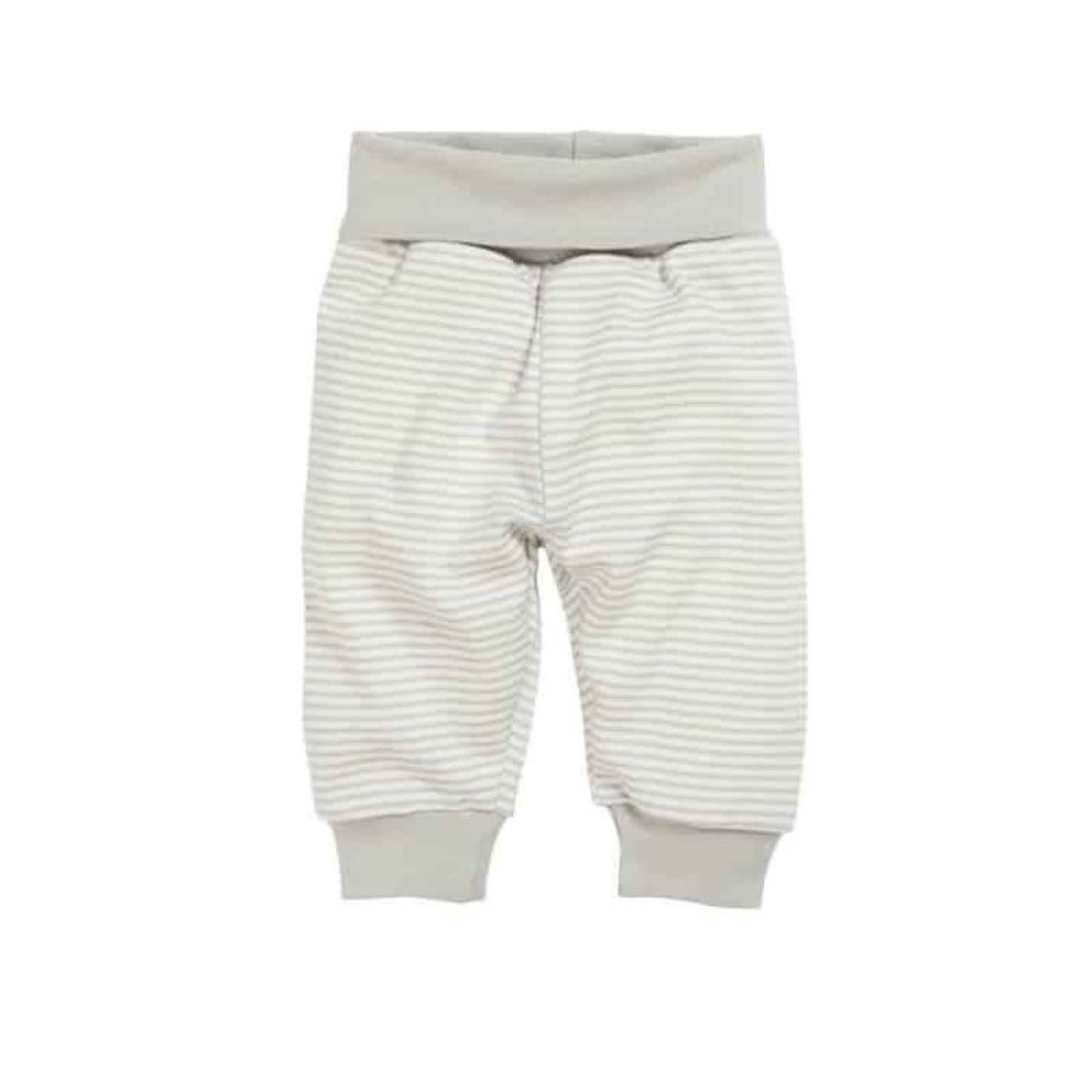 Broekje Beigegrijs gestreept is een babybroekje met grijze en witte strepen en elastiek in middel en om enkels