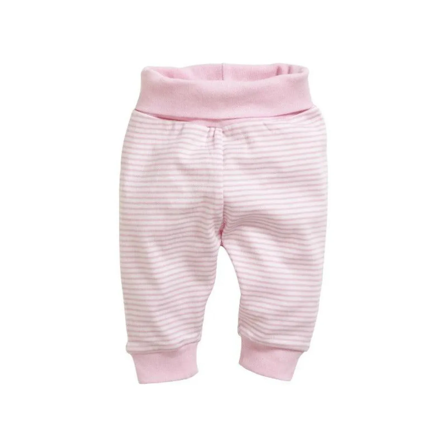 Broek Roze Gestreept is een babybroekje met roze en witte strepen en elastische band boven en onderaan de broek