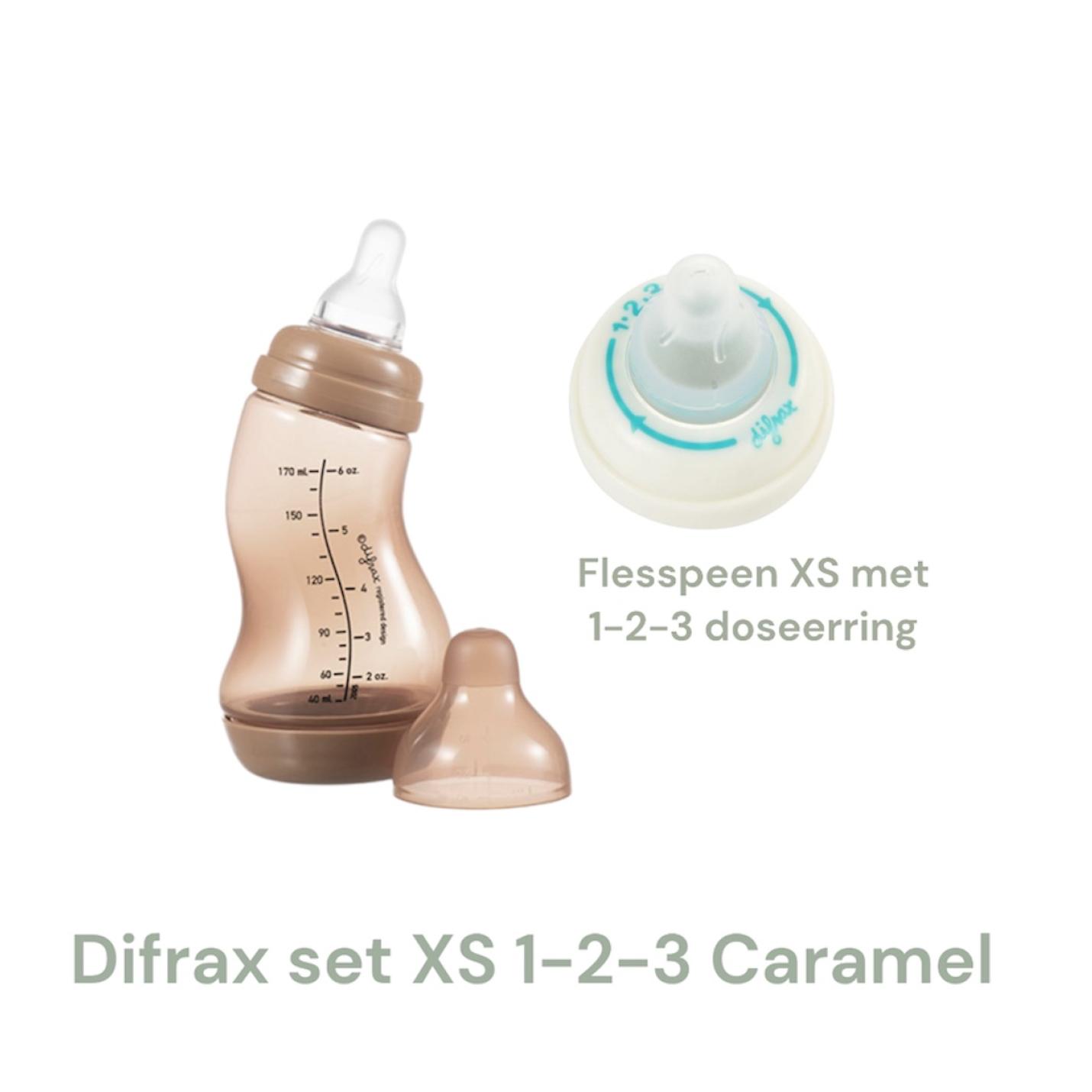 Difrax 1-2-3 XS Caramel set met caramel S fles 170ml en XS doseerspeen met ring