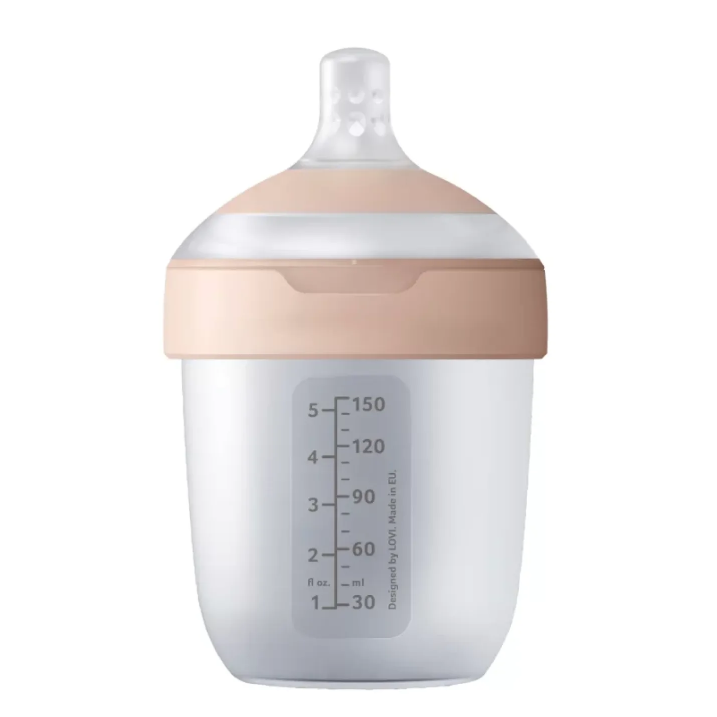 Difrax LOVI Mamafeel fles i een doorzichtige baby fles met roze speen ring