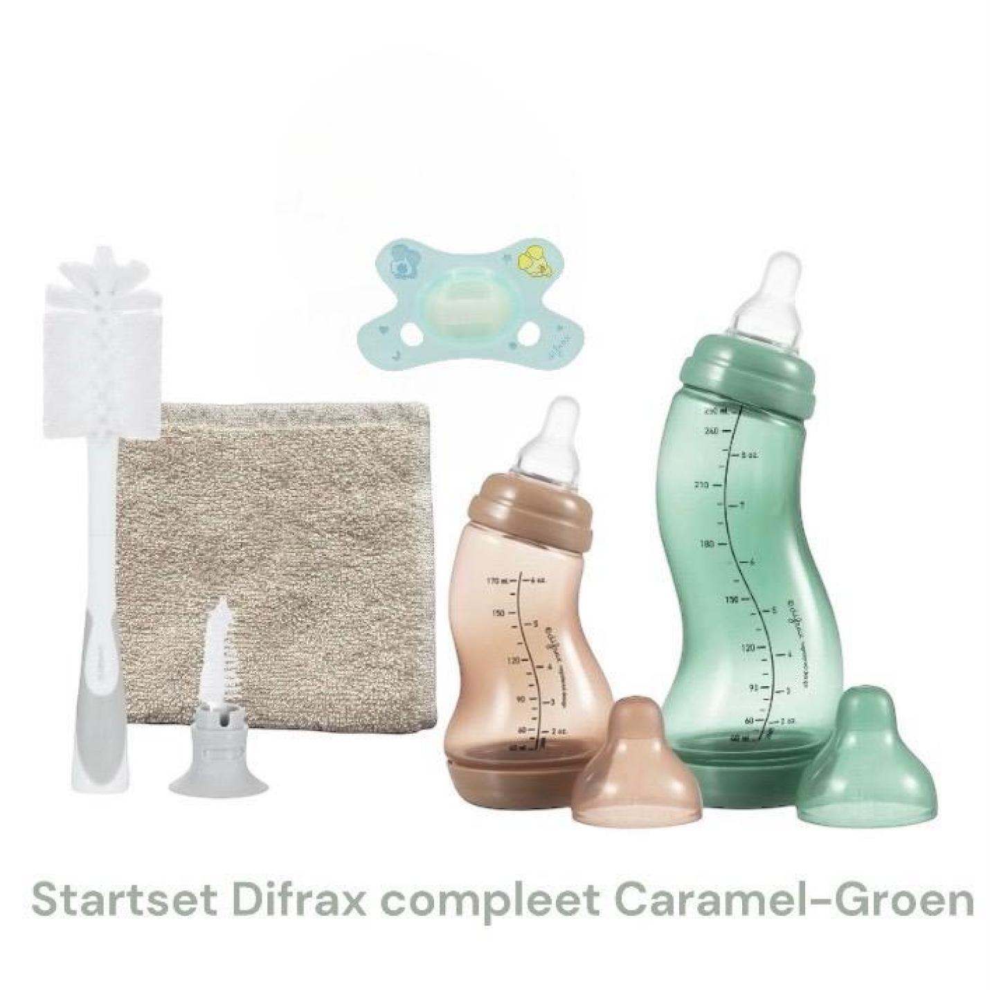 Startset Difrax Compleet CaramelGroen Difrax fles 170ml & 250ml , Woezel en Pip fopspeen, Difraxflesborstel en Spuugdoekje