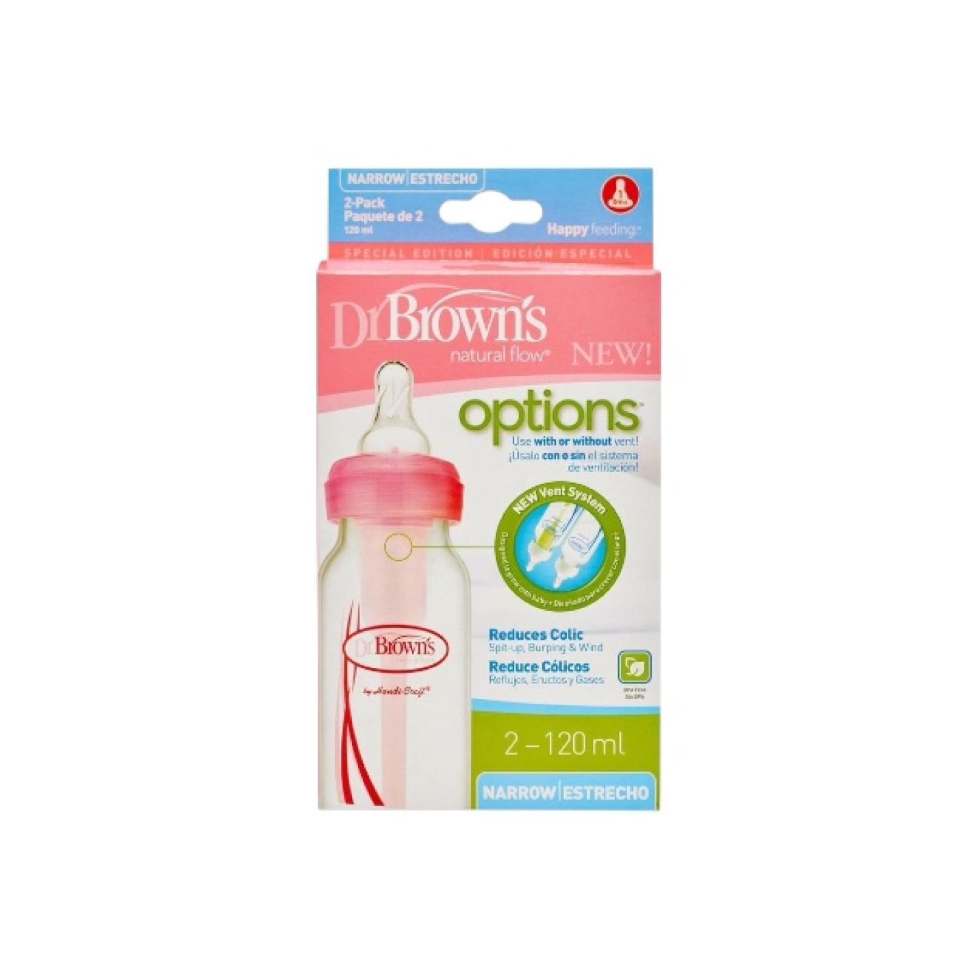 Dr.Brown's-standaard-fles-2x120ml-option-antikoliek-Roze-verpakking