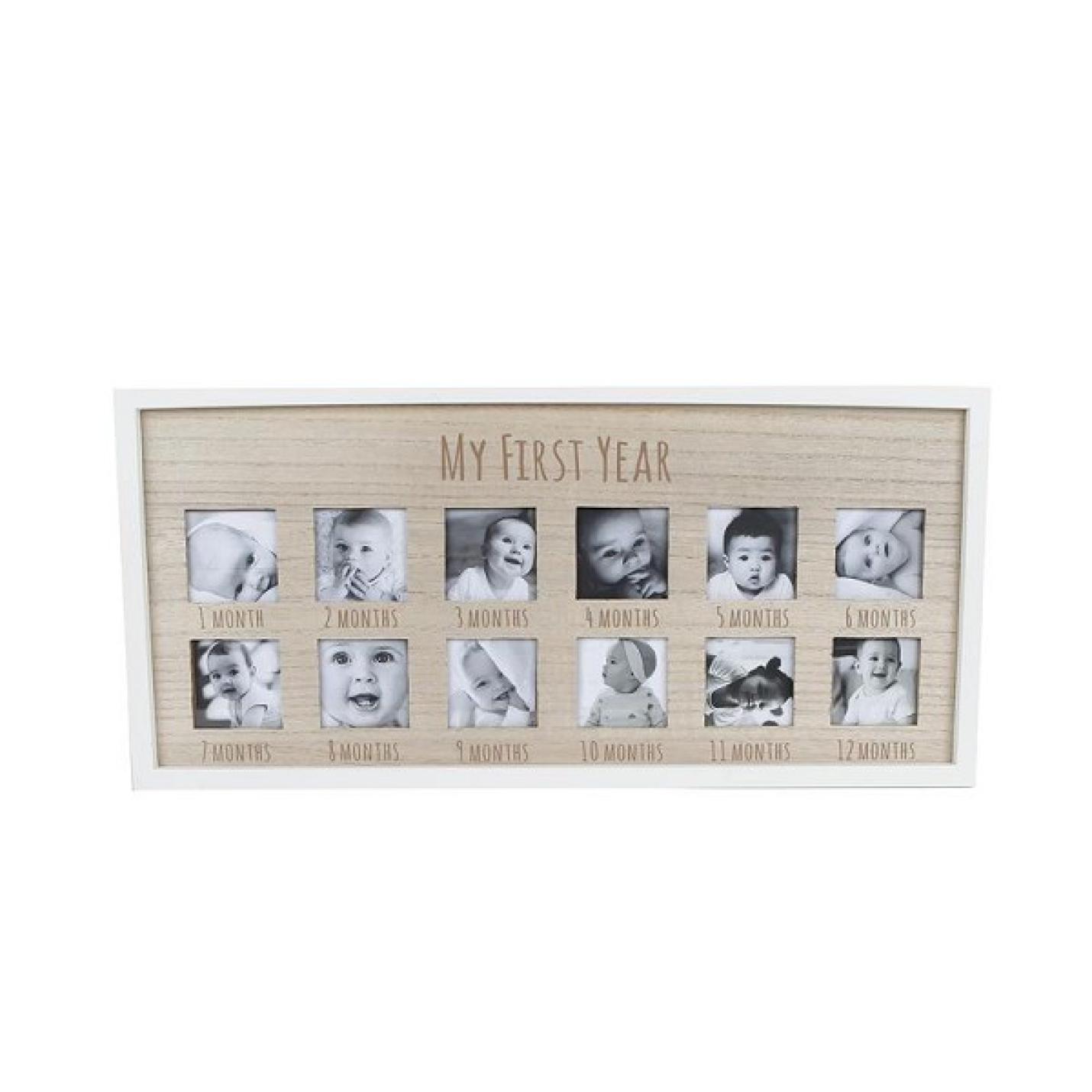 Naturel houten fotolijst met ruimte voor 12 kleine foto's met witte houten rand