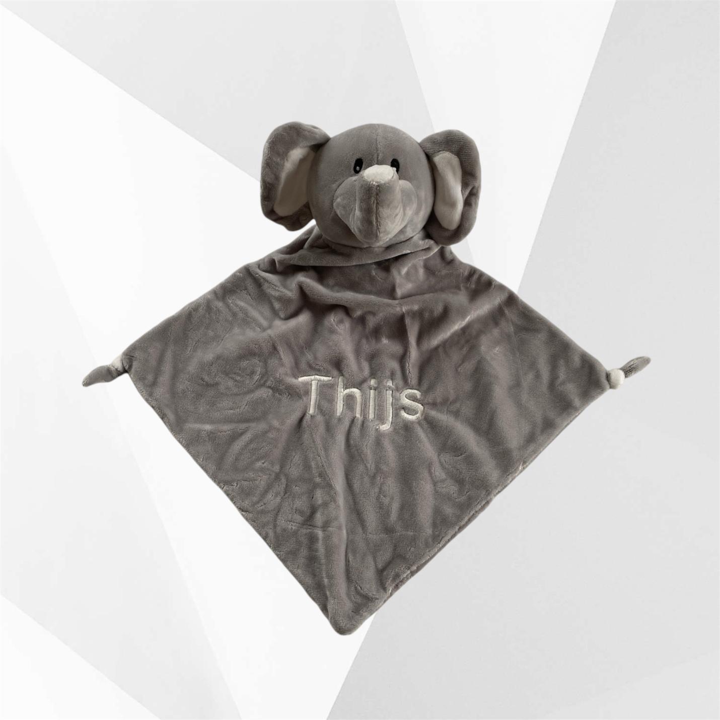 Knuffeldier doekje olifant grijs geborduurd Thijs