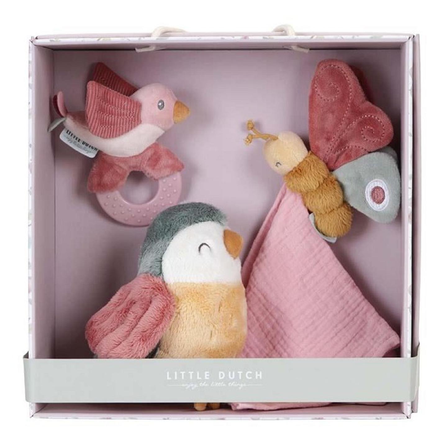 Giftset Flowers & Butterflies roze doos met roze doekje met roze, geel, grijs vlinder eraan, roze bijtring met roze vogel erop en knuffel roze, geel, grijs vogel