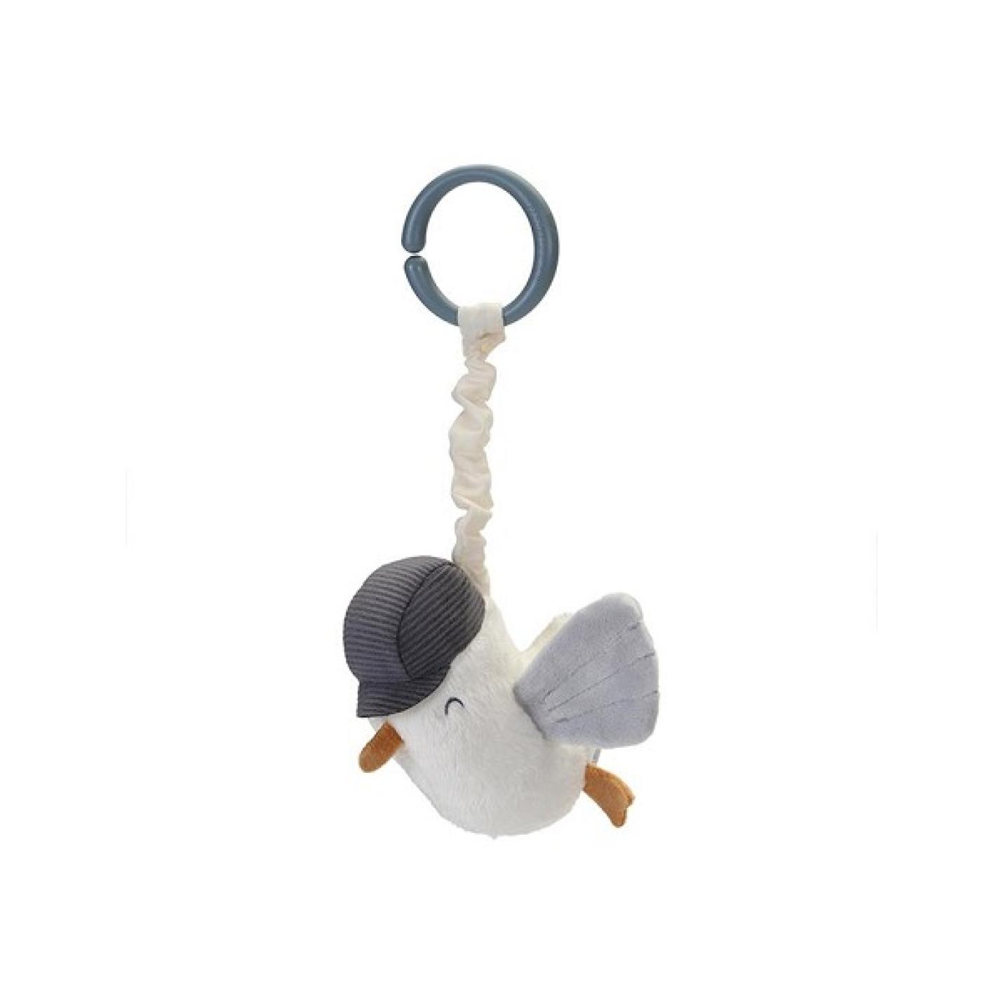 Trilfiguur meeuw grijs/wit met zwarte pet op aan plastic ring met witte koord