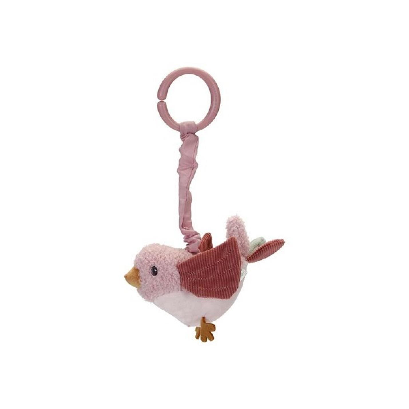 Trilfiguur vogel roze/ wit en oranje aan roze plastic ring met roze koord