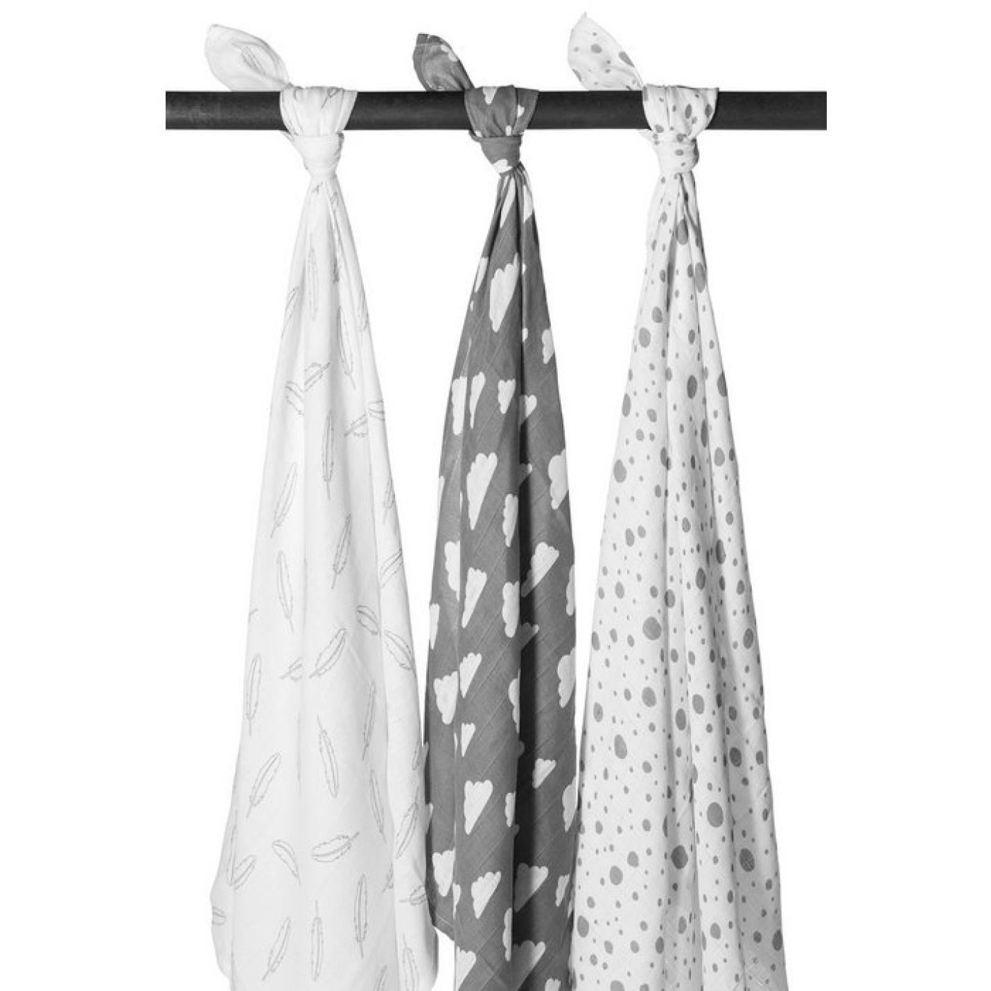 Hydrofiel Clouds/Dots/Feathers vierkant wit met grijze veren, wit met grijze stippen en grijs met witte wolken