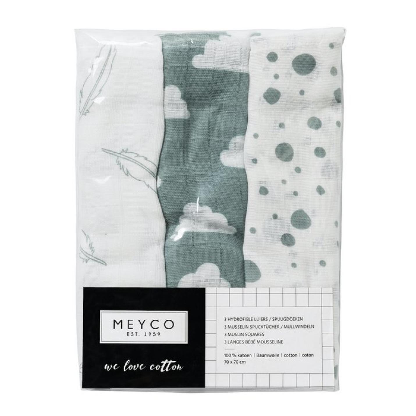 Meyco-baby-hydrofiel-feather:clouds:dots-70x70-3pack-stone green-in verpakking