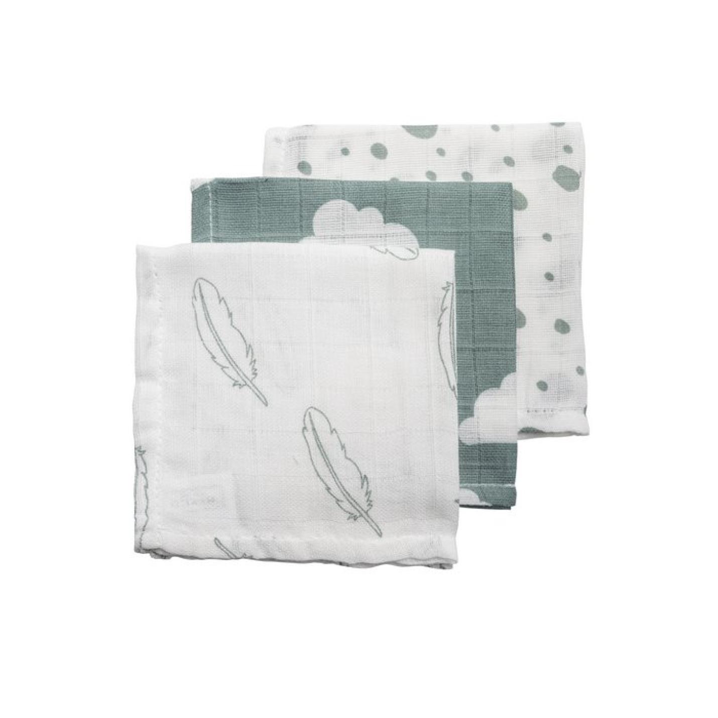 Meyco-baby-hydrofiel-feather:clouds:dots-70x70-3pack-stone green