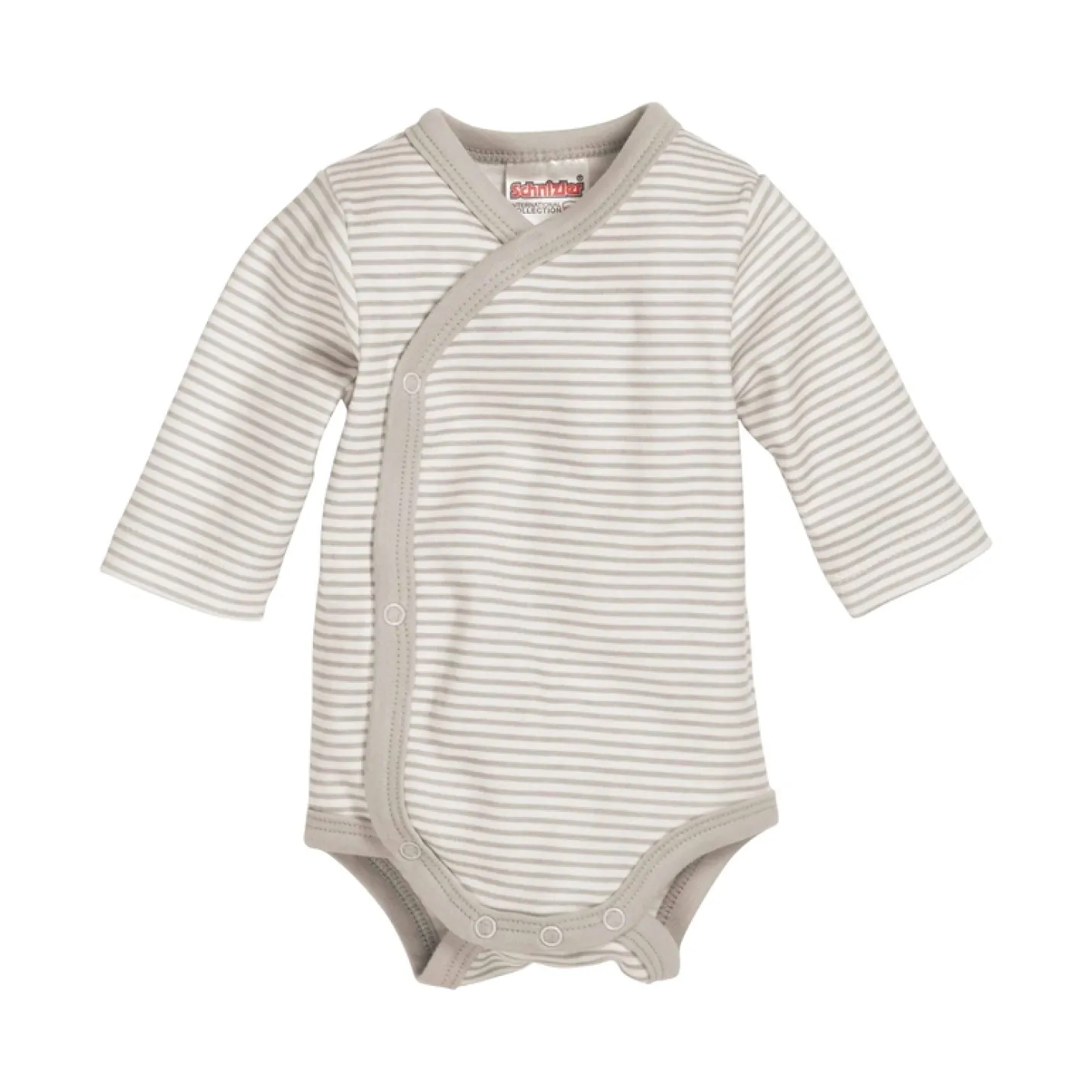 Overslagromper Beigegrijs Gestreept is een baby romper met beigegrijs en witte strepen met overslag sluiting