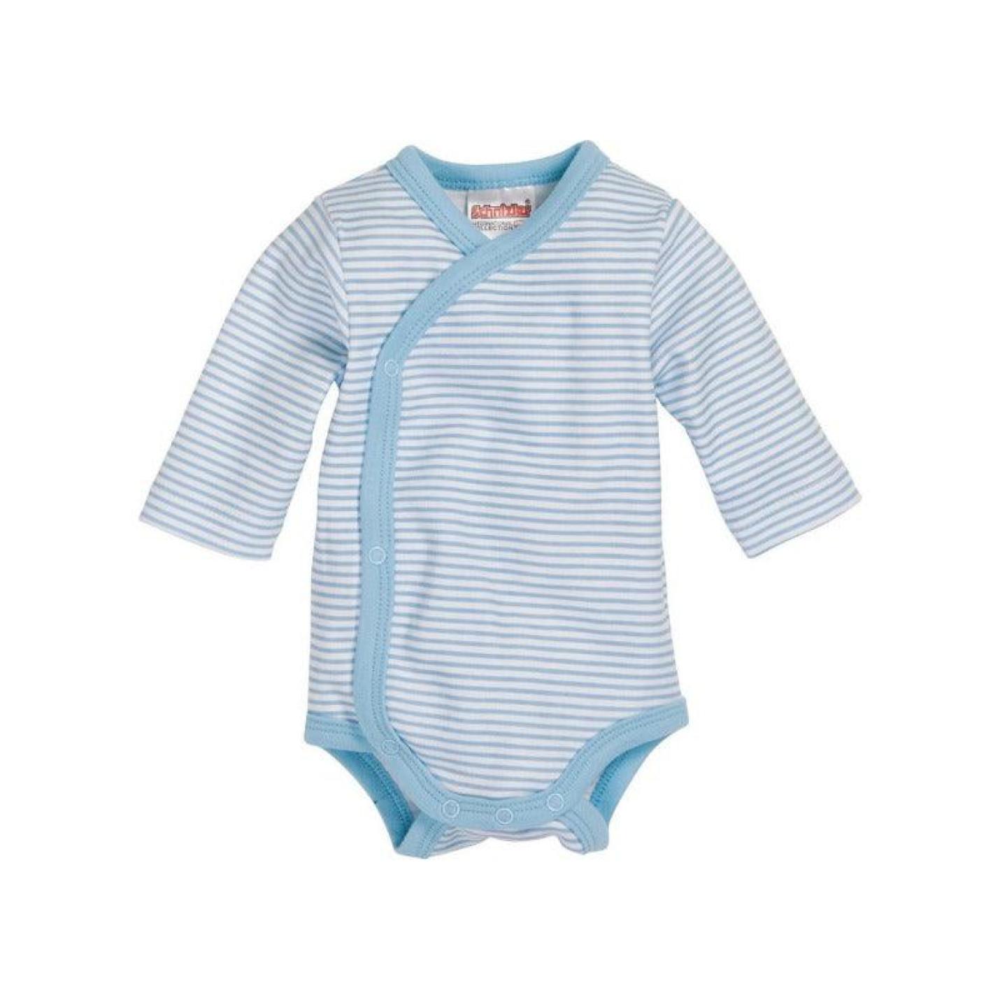 Overslagromper Lichtblauw Gestreept is een baby romper met lichtblauwe en witte strepen met overslag sluiting