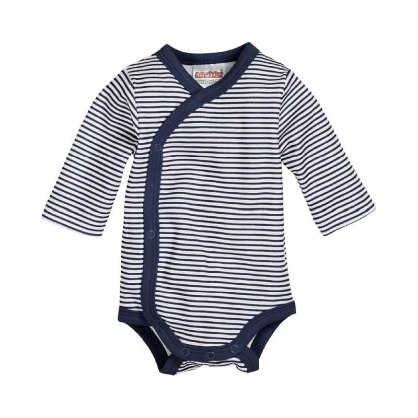 Overslagromper Marineblauw Gestreept is een baby romper met marineblauwe en witte strepen met overslag sluiting