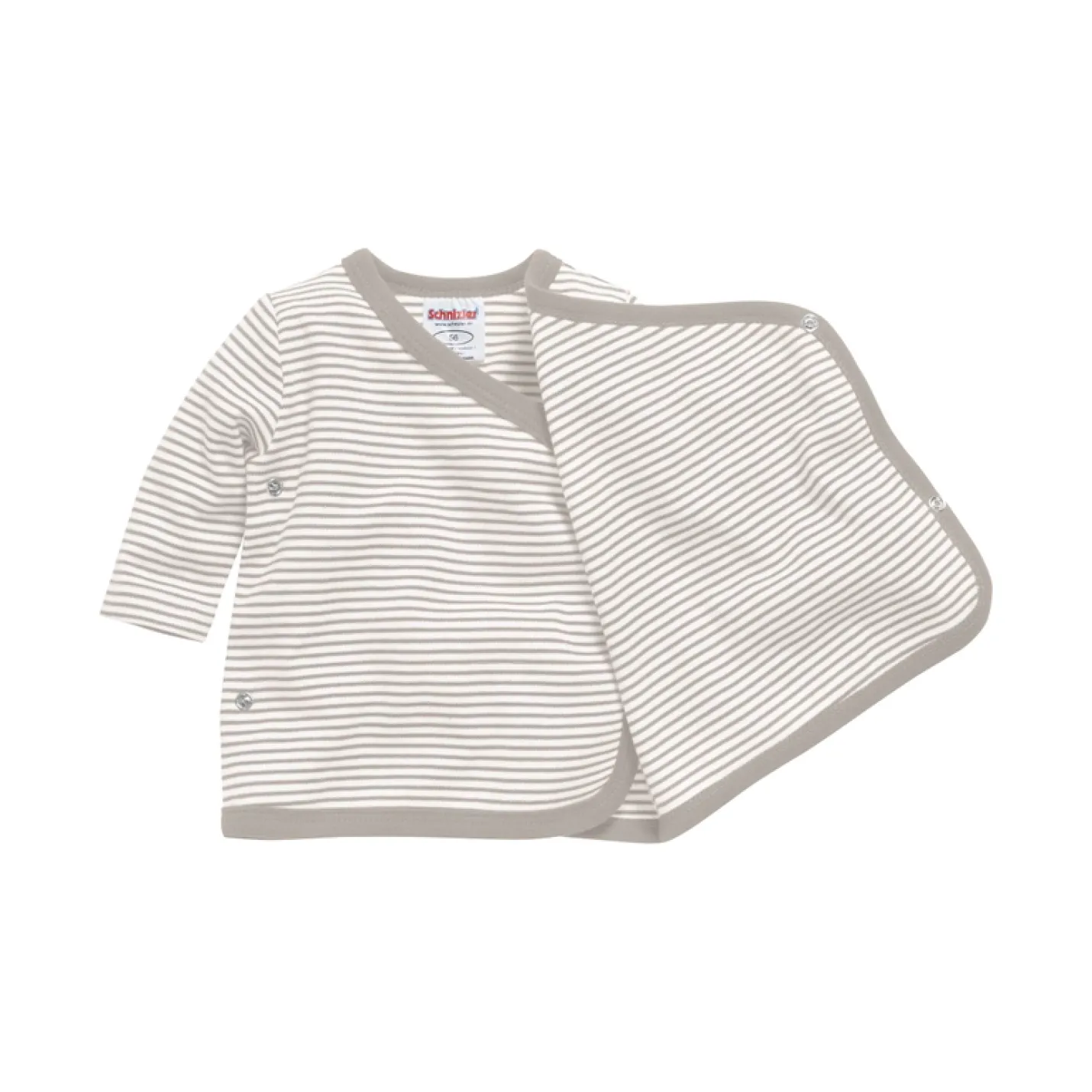 Overslagshirtje Beigegrijs Gestreept is een babyshirtje met overslag en drukknoopje met beigegrijze en witte strepen