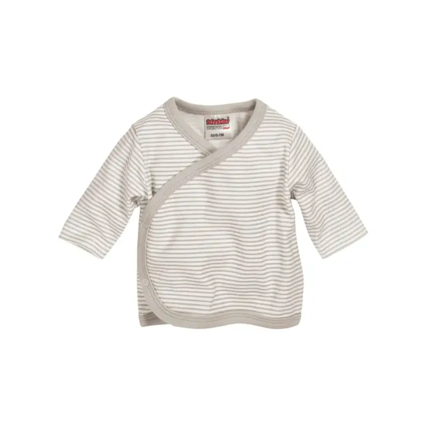 Overslagshirtje Beigegrijs Gestreept is een babyshirtje met overslag en drukknoopje met beigegrijs en witte strepen