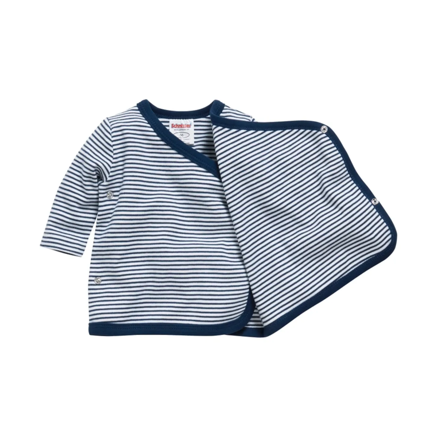 Overslagshirtje Marineblauw Gestreept is een babyshirtje met overslag en drukknoopje met marineblauwe en witte strepen