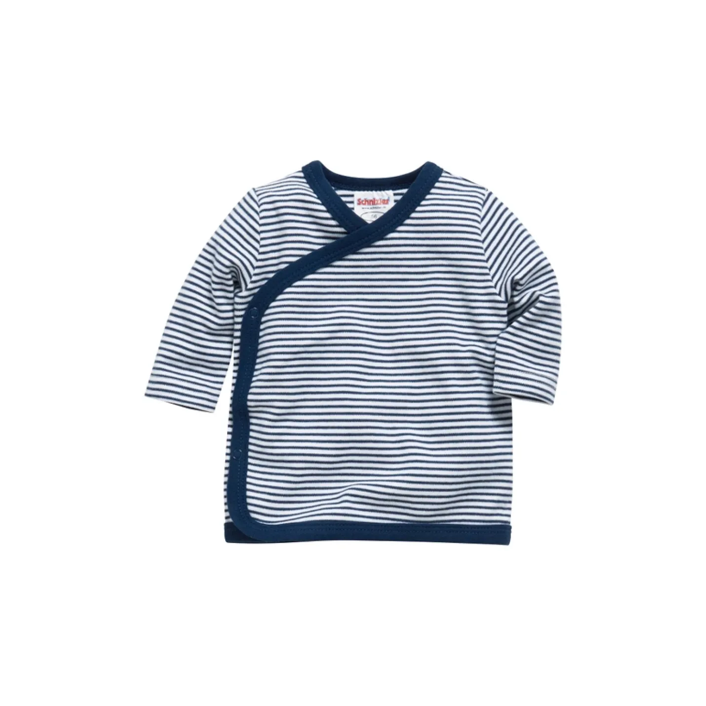Overslagshirtje Marineblauw Gestreept is een babyshirtje met overslag en drukknoopje met rmarineblauwe en witte strepen