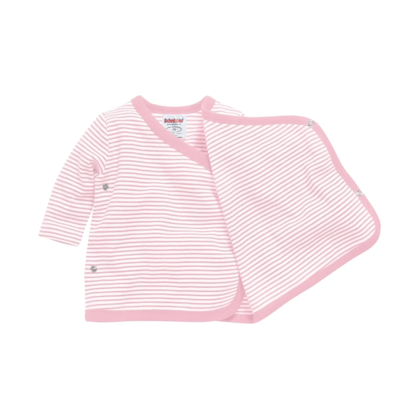 Overslagshirtje Roze Gestreept is een babyshirtje met overslag en drukknoopje met roze en witte strepen