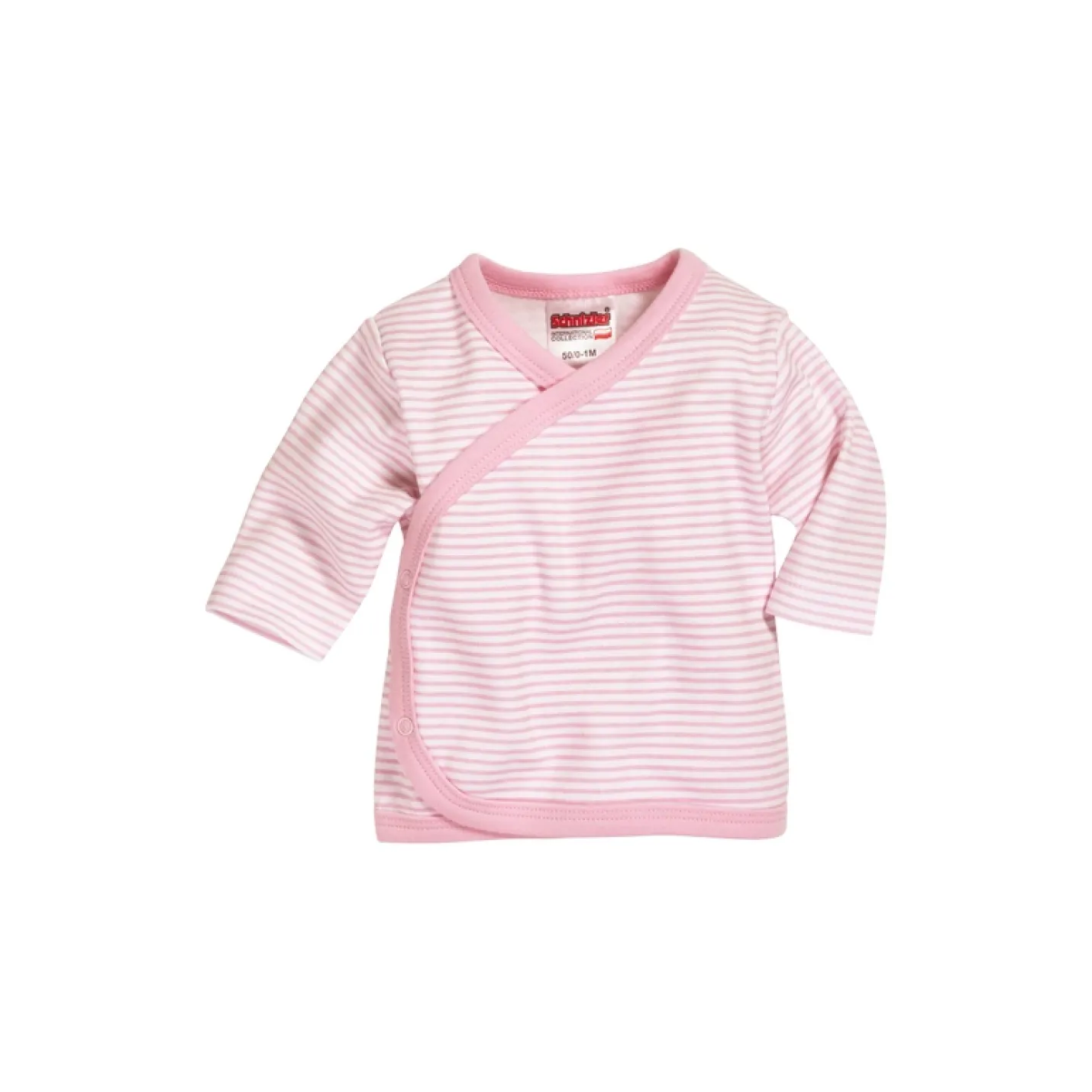 Overslagshirtje Roze Gestreept is een babyshirtje met overslag en drukknoopje met roze en witte strepen