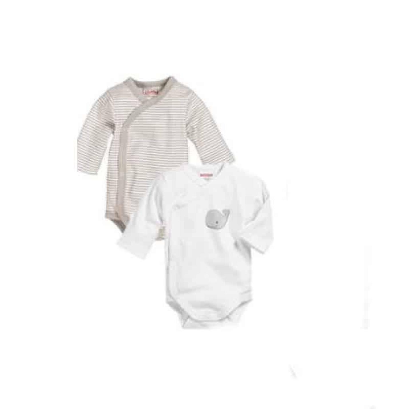 Overslamromper Duoset Walvis is een set van 2 baby overslagrompers waarvan 1 wit met grijze walvis voorop en de andere beigegrijs wit gestreept