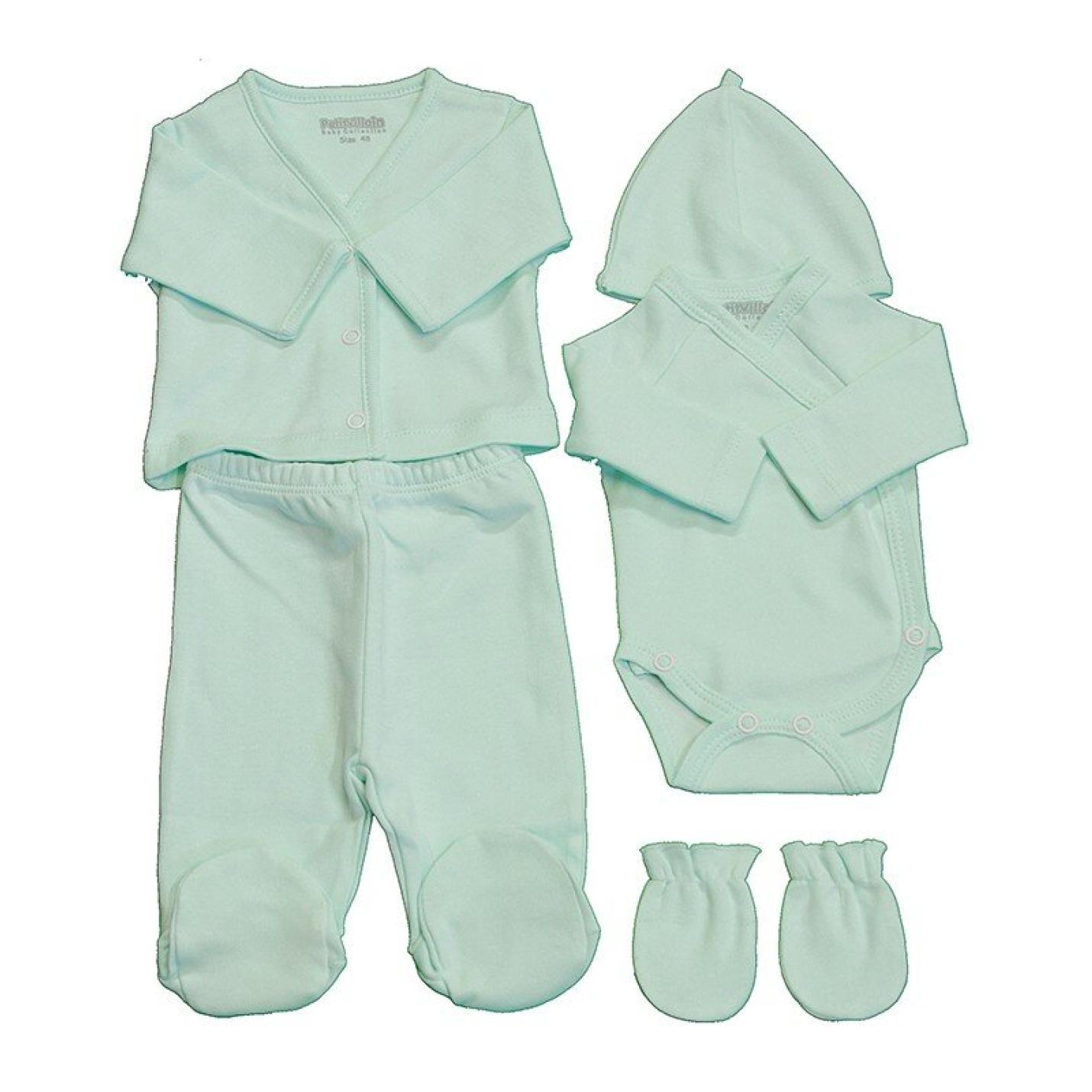 Kledingsetje Prematuur Mint is baby muts, broek, wantjes, romper en vestje mint kleur