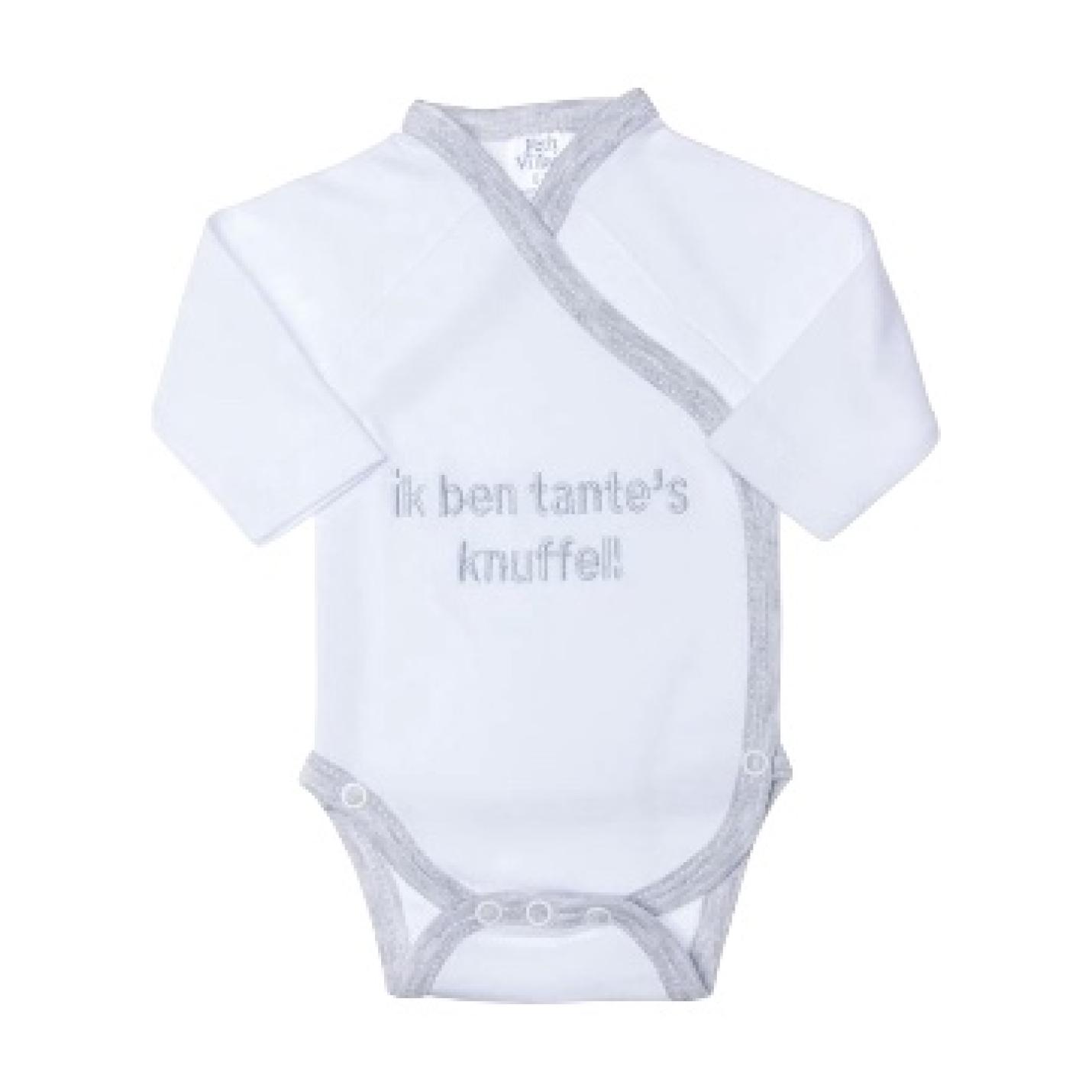 romper Tante's Knuffel is een witte babyromper met grijze bies en grijze tekst op romper