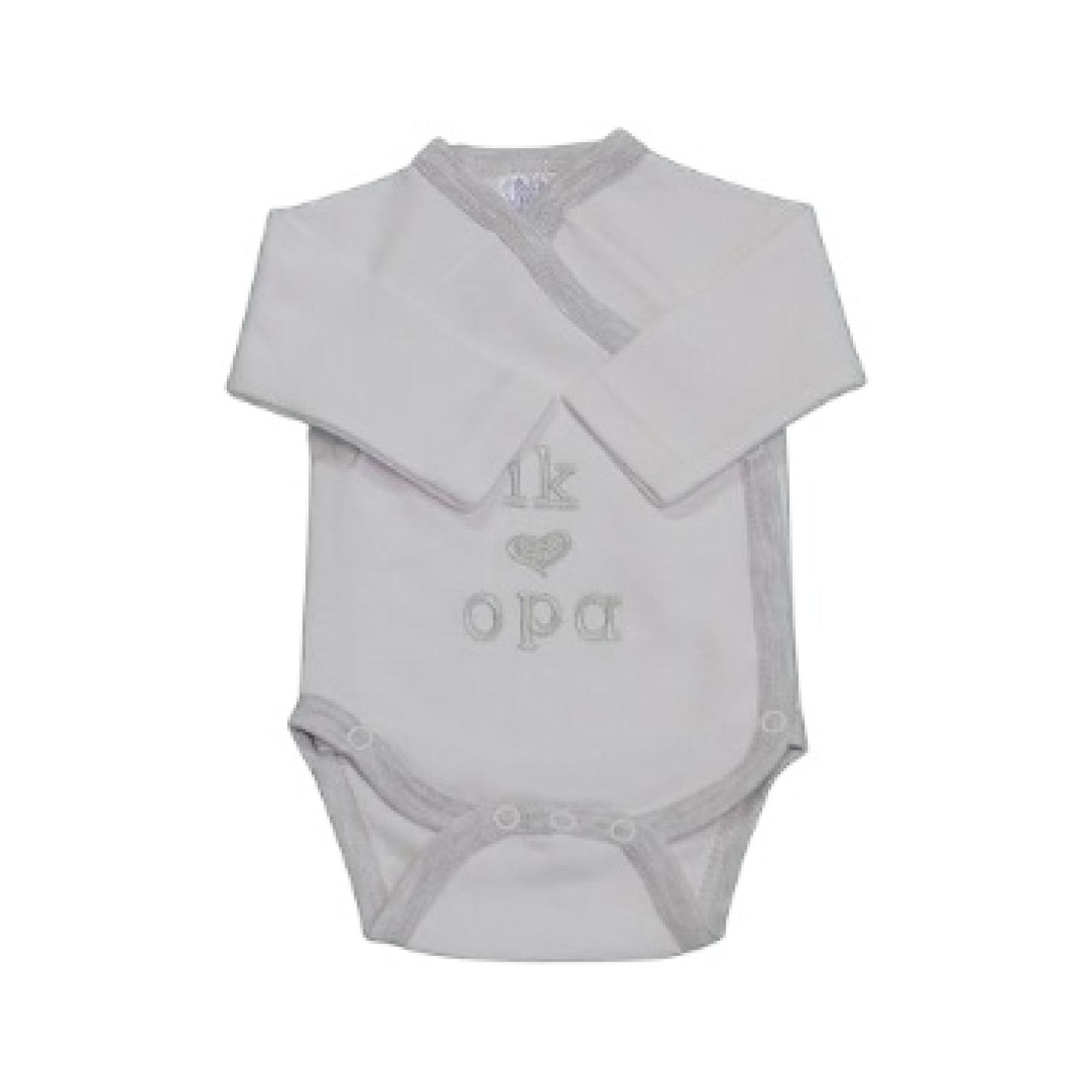 Romper I Love Opa is een witte romper met lange mouwen, grijze bies en grijze tekst op de romper